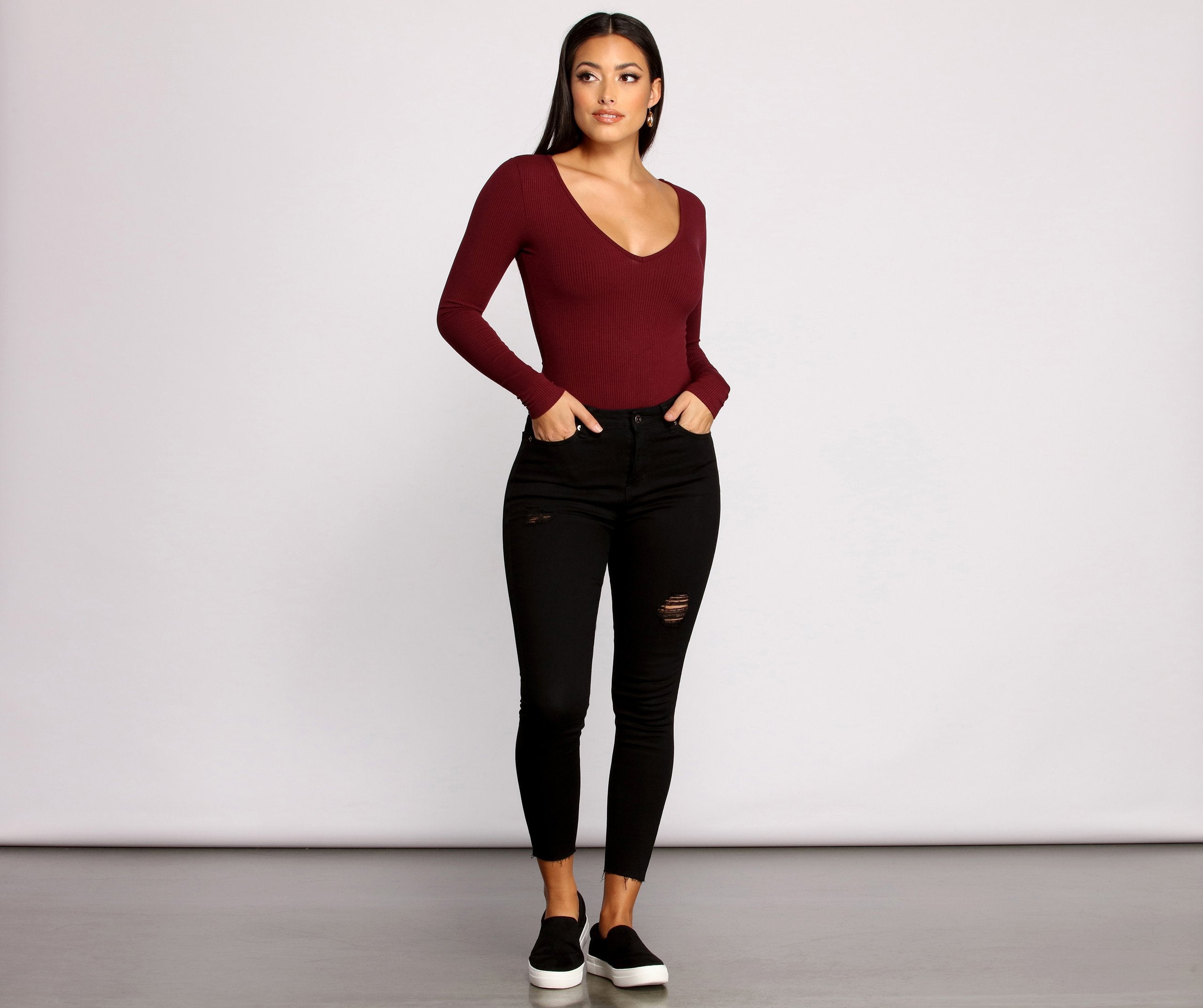 Basic Long Sleeve V Neck Bodysuit - Lady Occasions