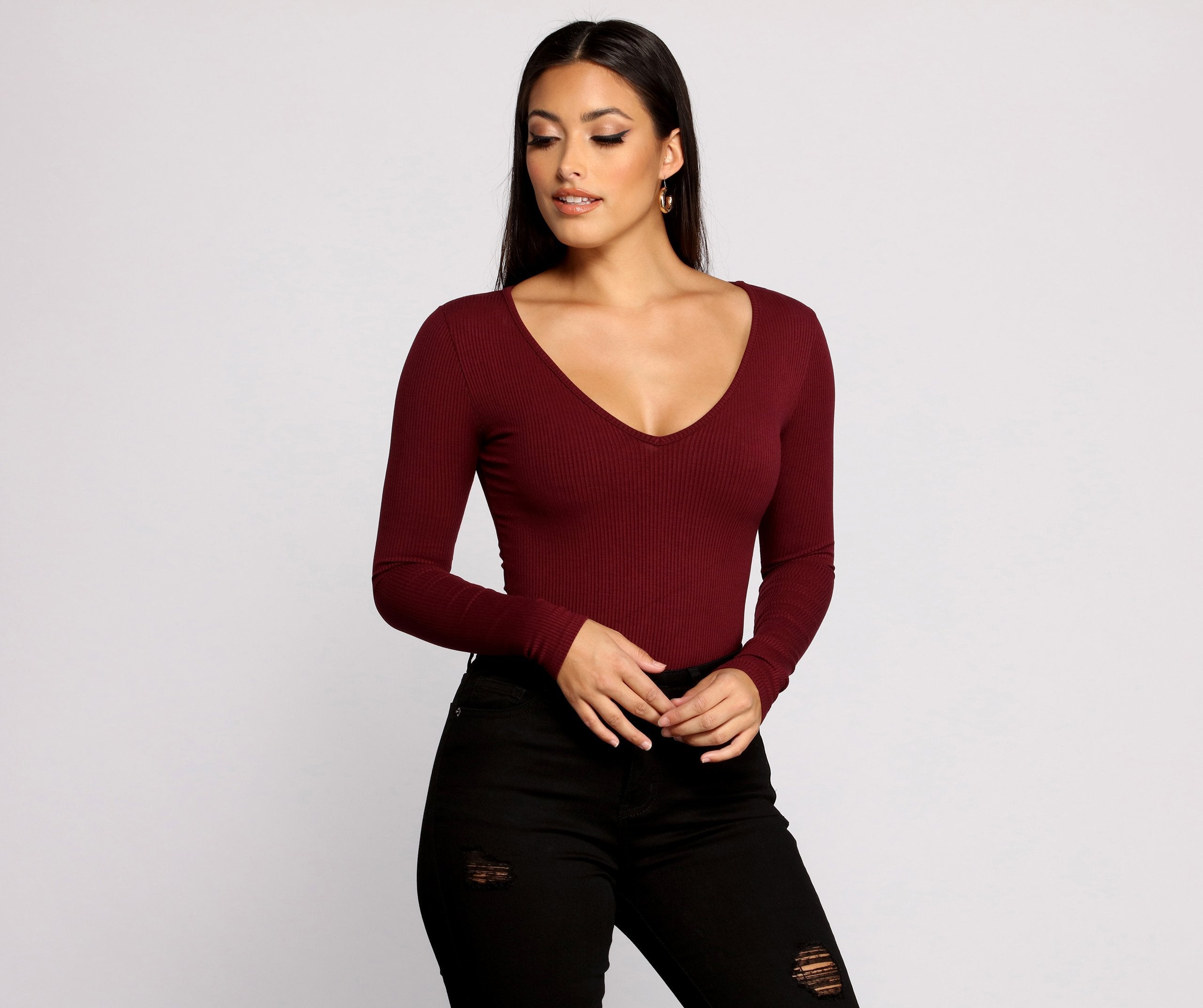 Basic Long Sleeve V Neck Bodysuit - Lady Occasions