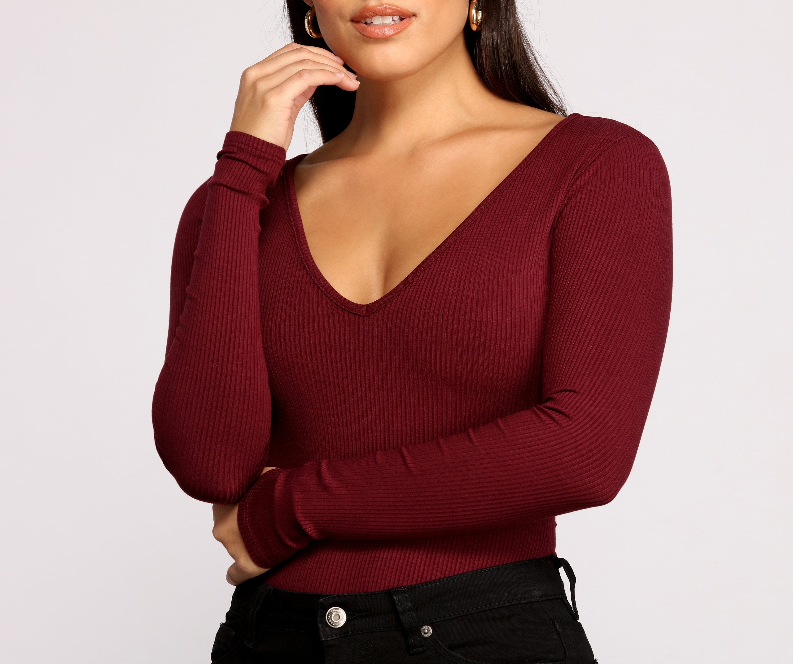 Basic Long Sleeve V Neck Bodysuit - Lady Occasions