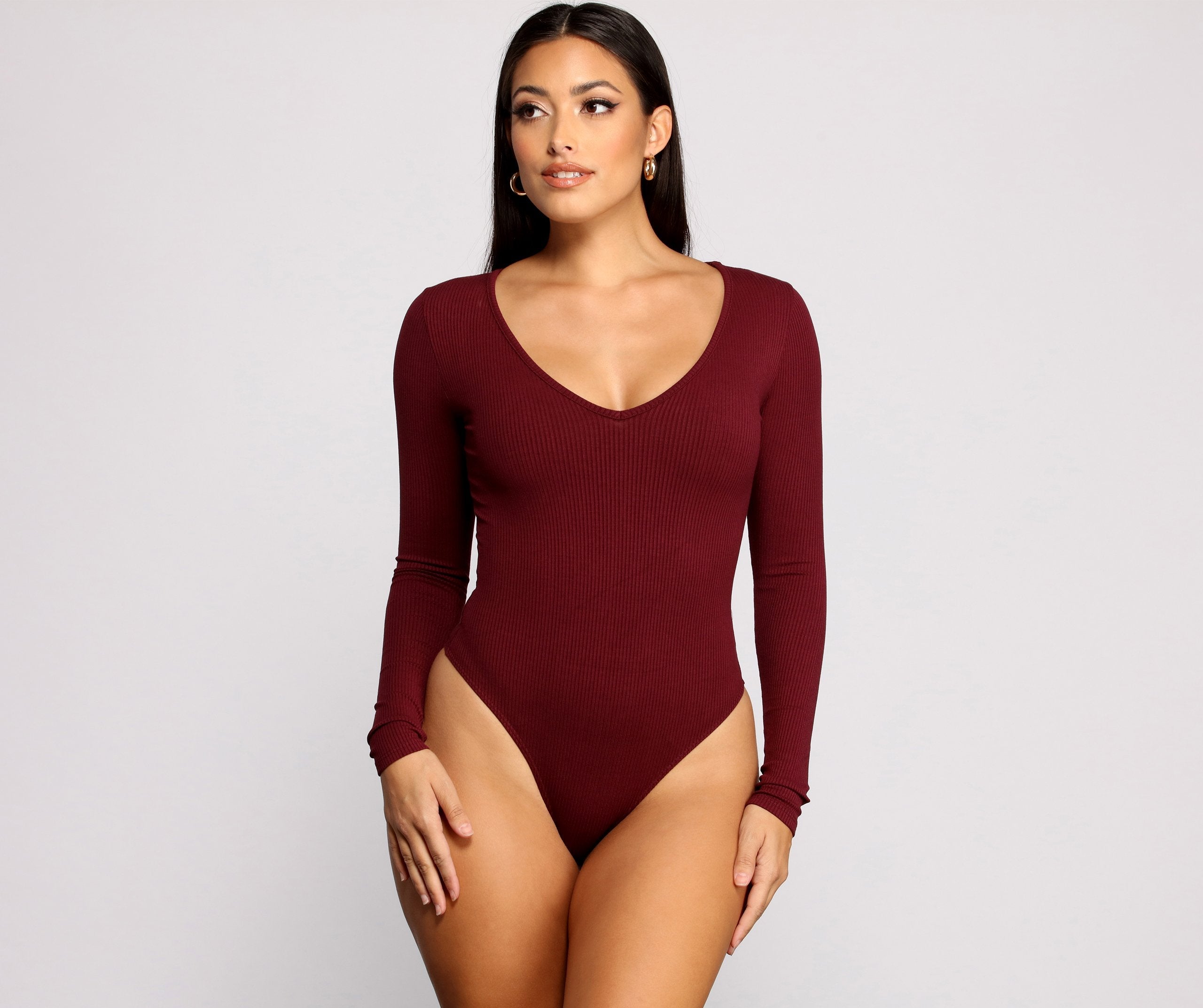 Basic Long Sleeve V Neck Bodysuit - Lady Occasions