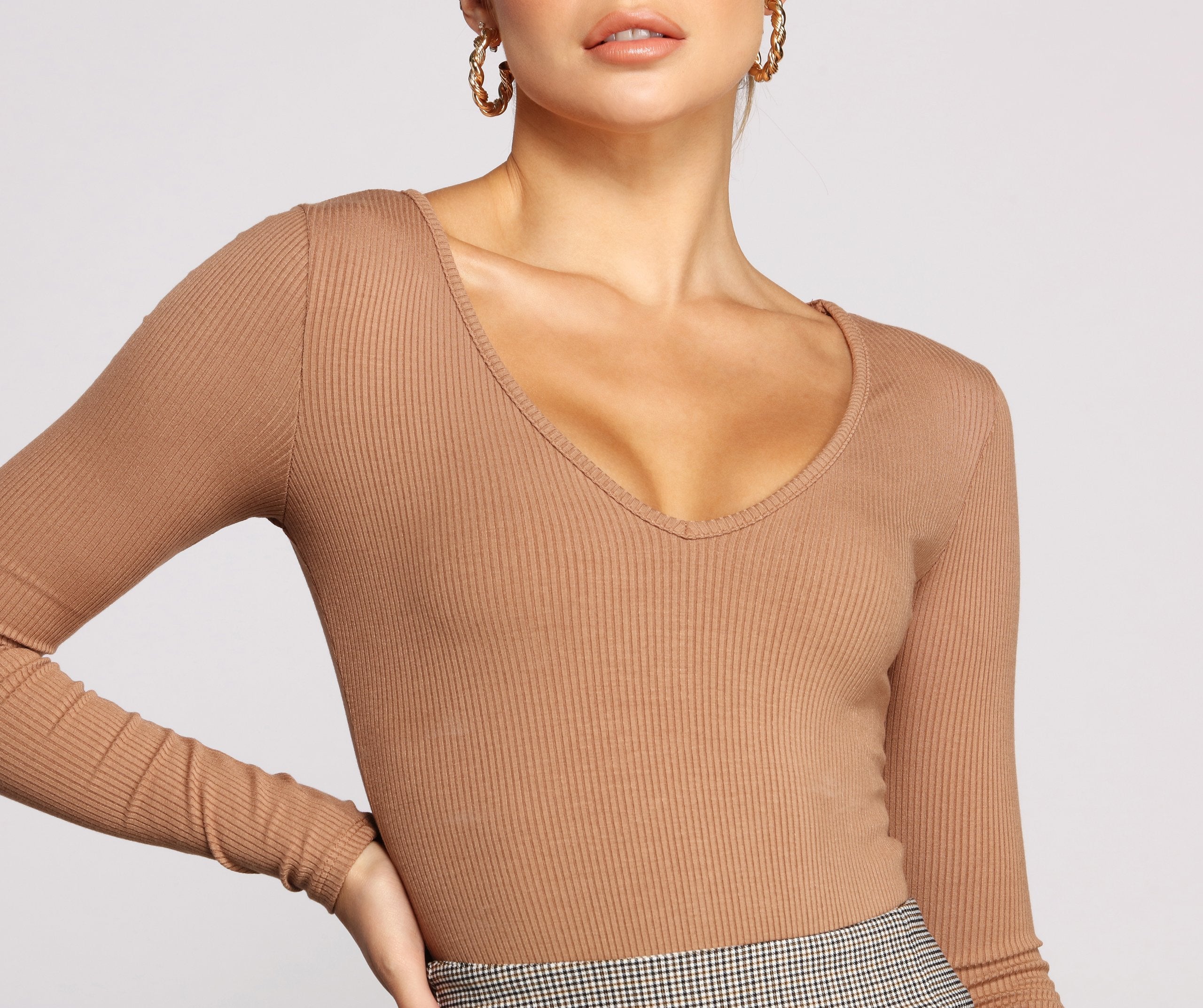 Basic Long Sleeve V Neck Bodysuit - Lady Occasions