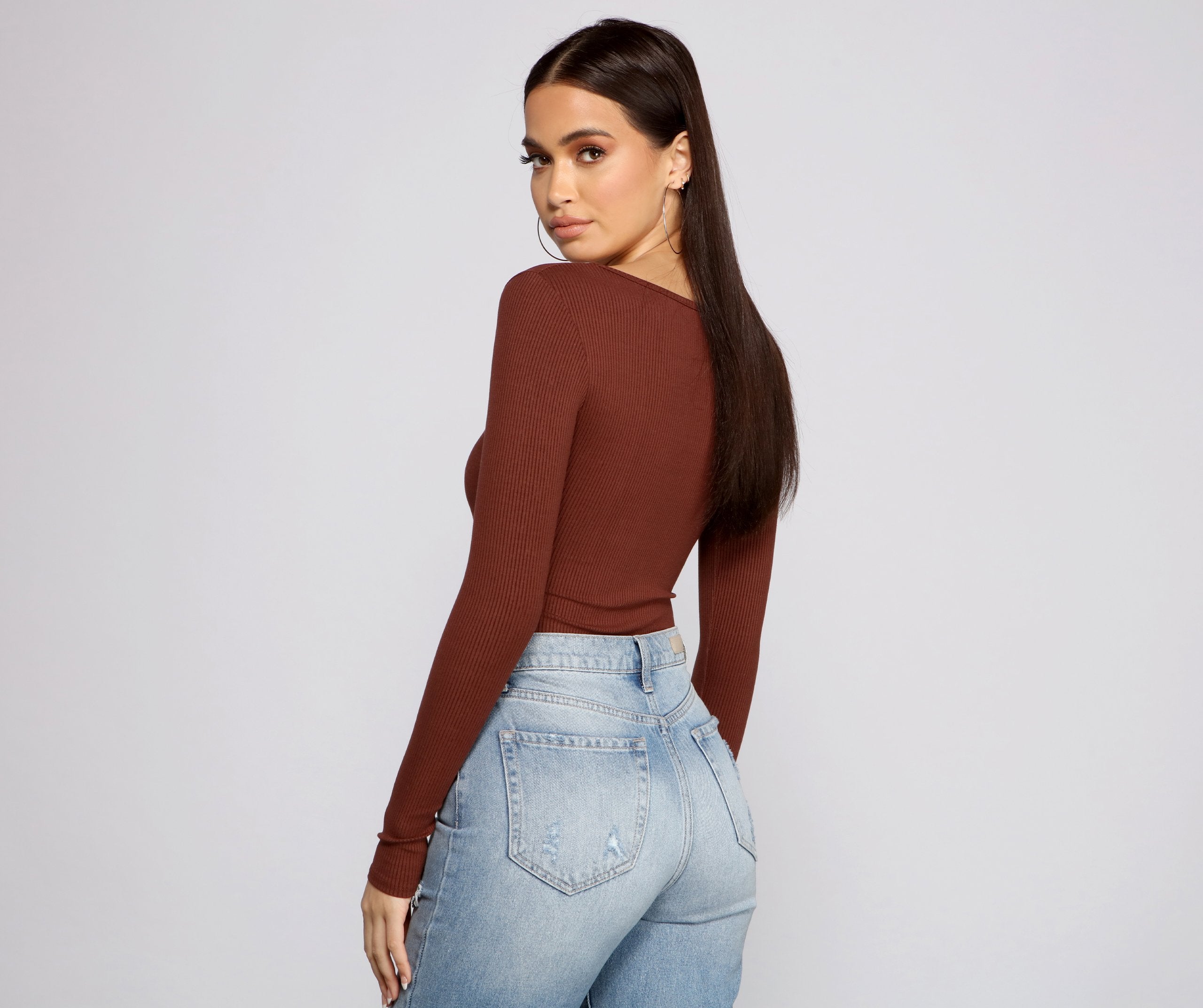 Basic Long Sleeve V Neck Bodysuit - Lady Occasions