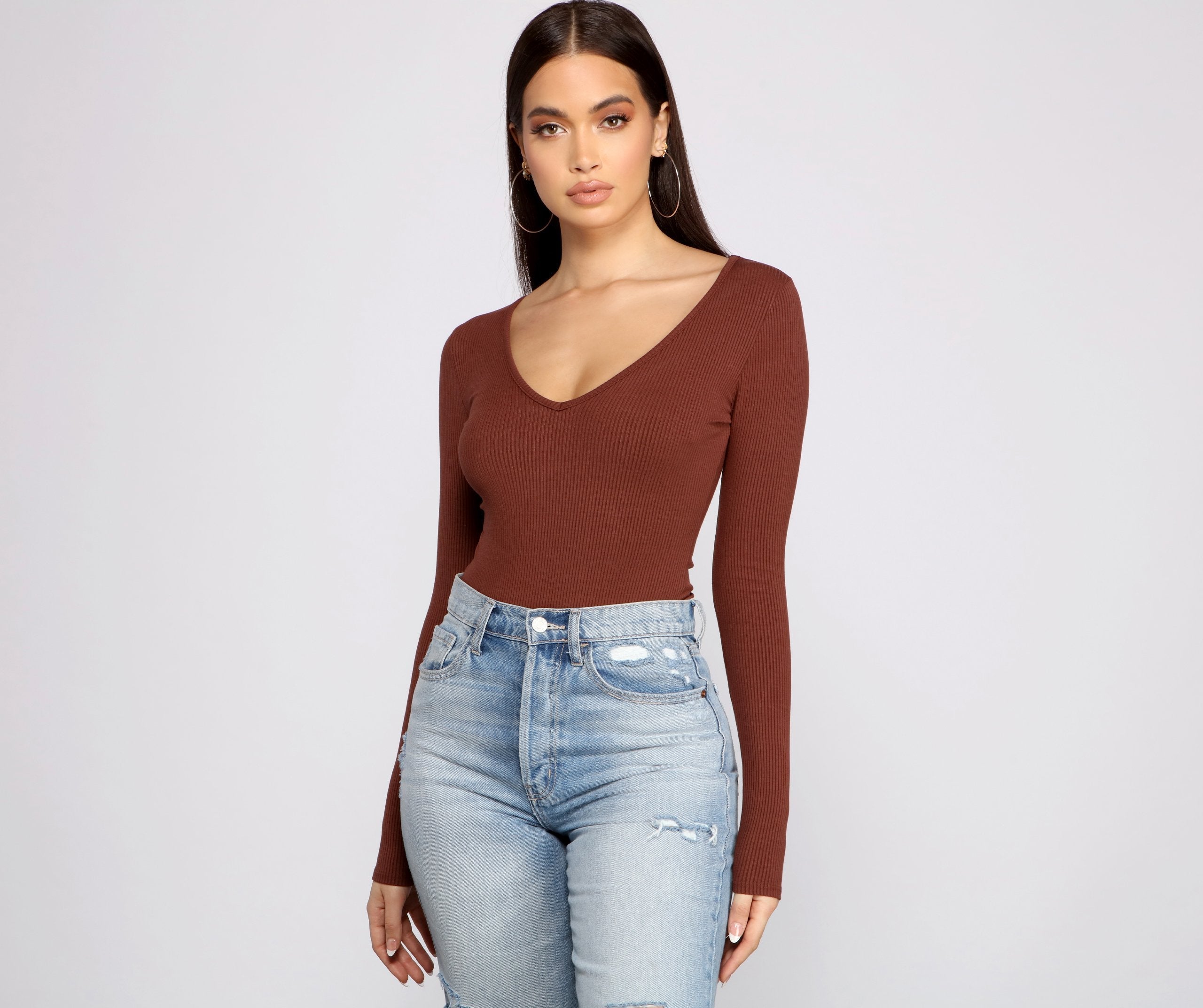 Basic Long Sleeve V Neck Bodysuit - Lady Occasions