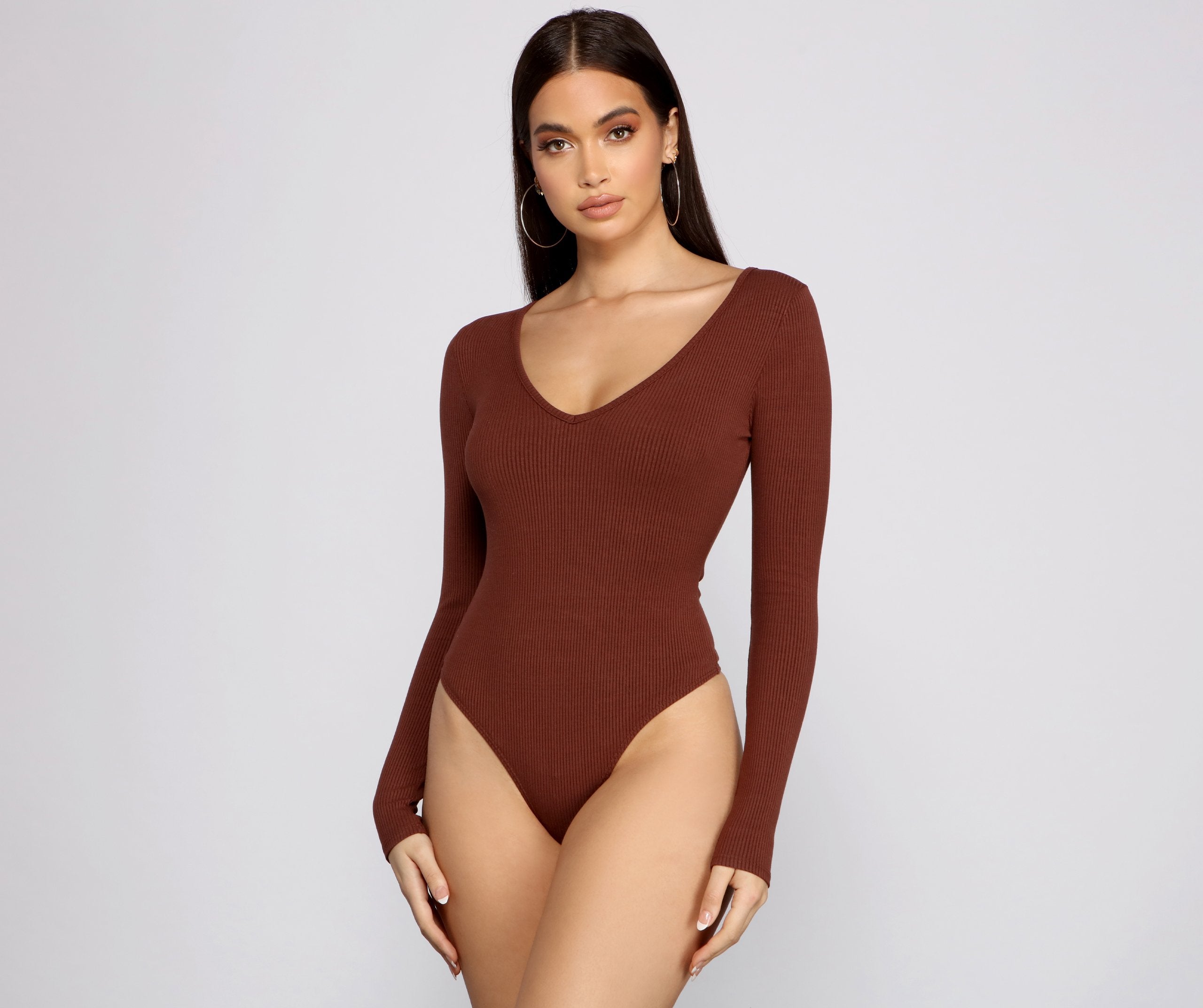 Basic Long Sleeve V Neck Bodysuit - Lady Occasions