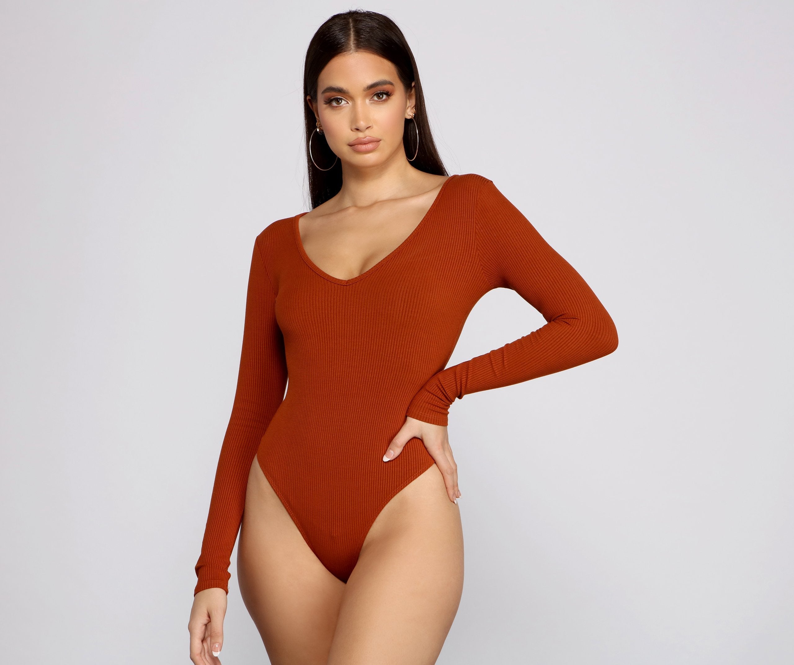 Basic Long Sleeve V Neck Bodysuit - Lady Occasions