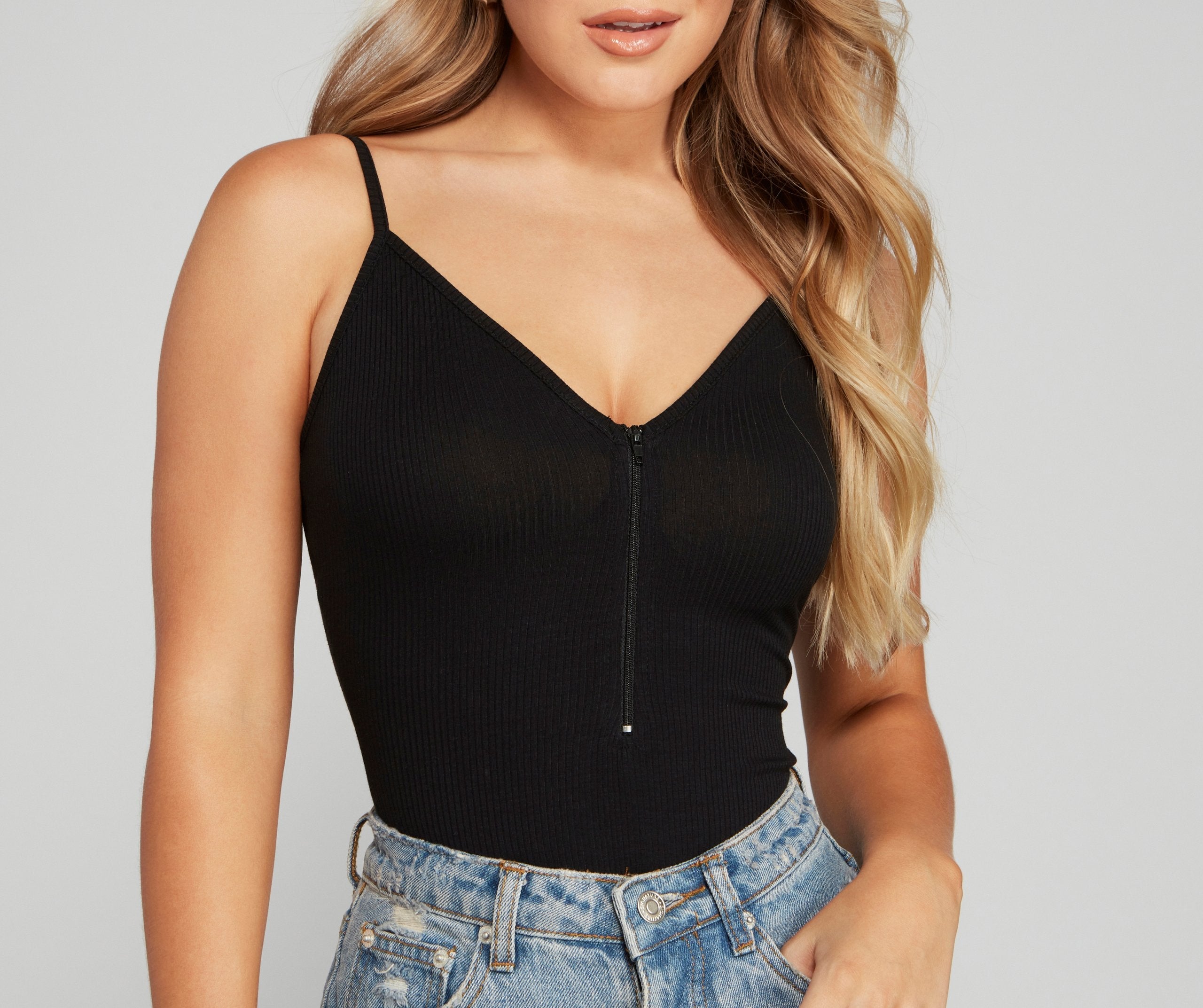 Basic Zip-Front Ribbed Knit Bodysuit - Lady Occasions