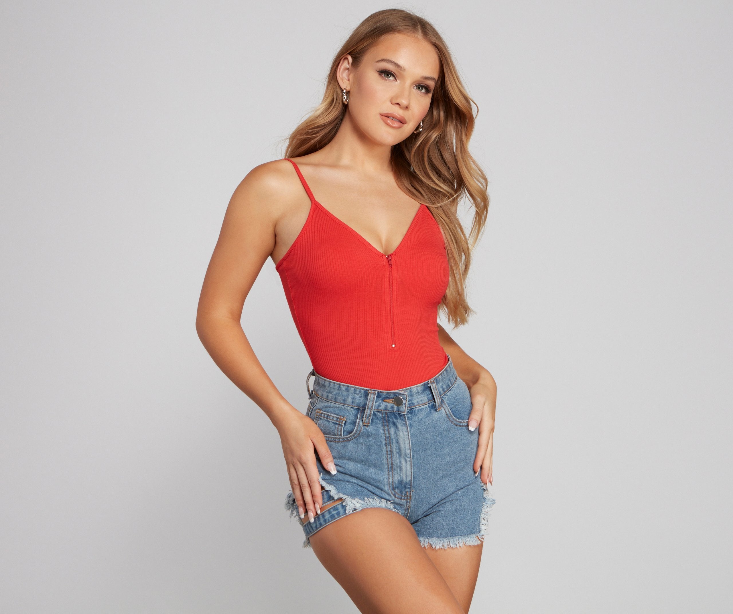 Basic Zip-Front Ribbed Knit Bodysuit - Lady Occasions