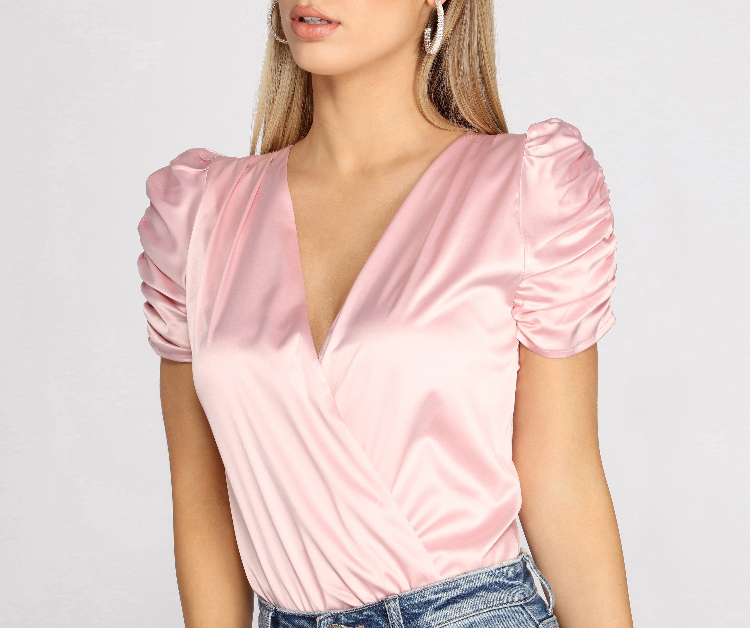 Ruched Satin Surplice Bodysuit - Lady Occasions