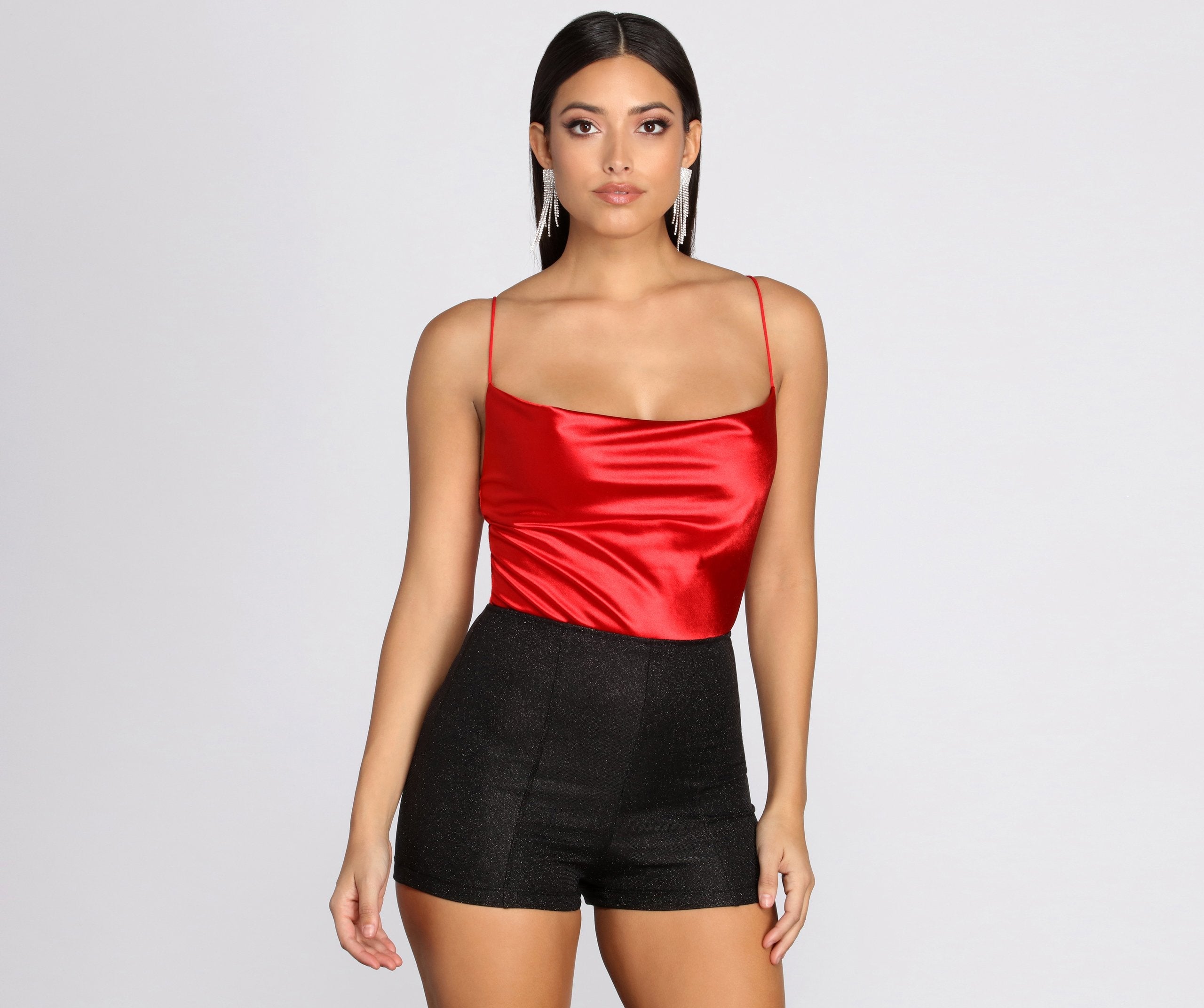 Red Bodysuit Cowl Neck