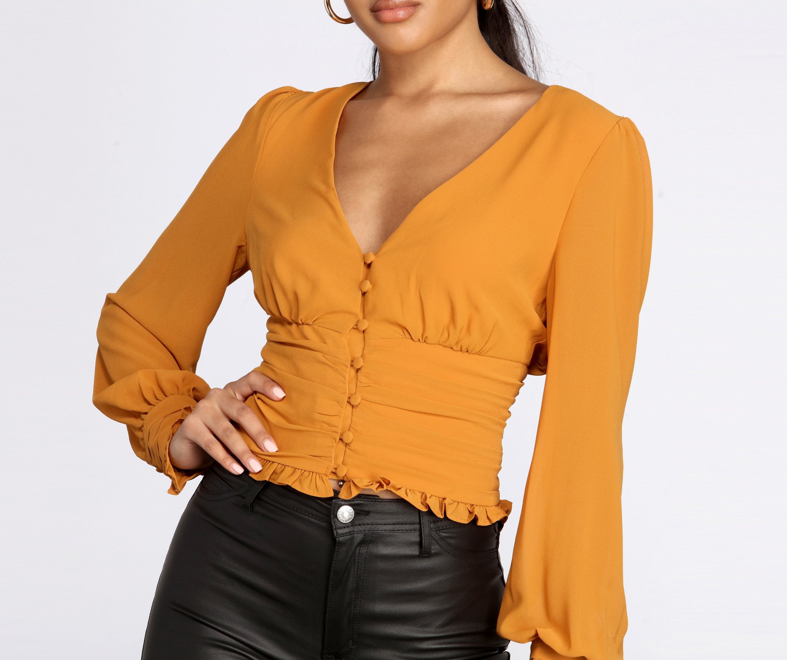 Chiffon Ruched Waist Cropped Blouse - Lady Occasions