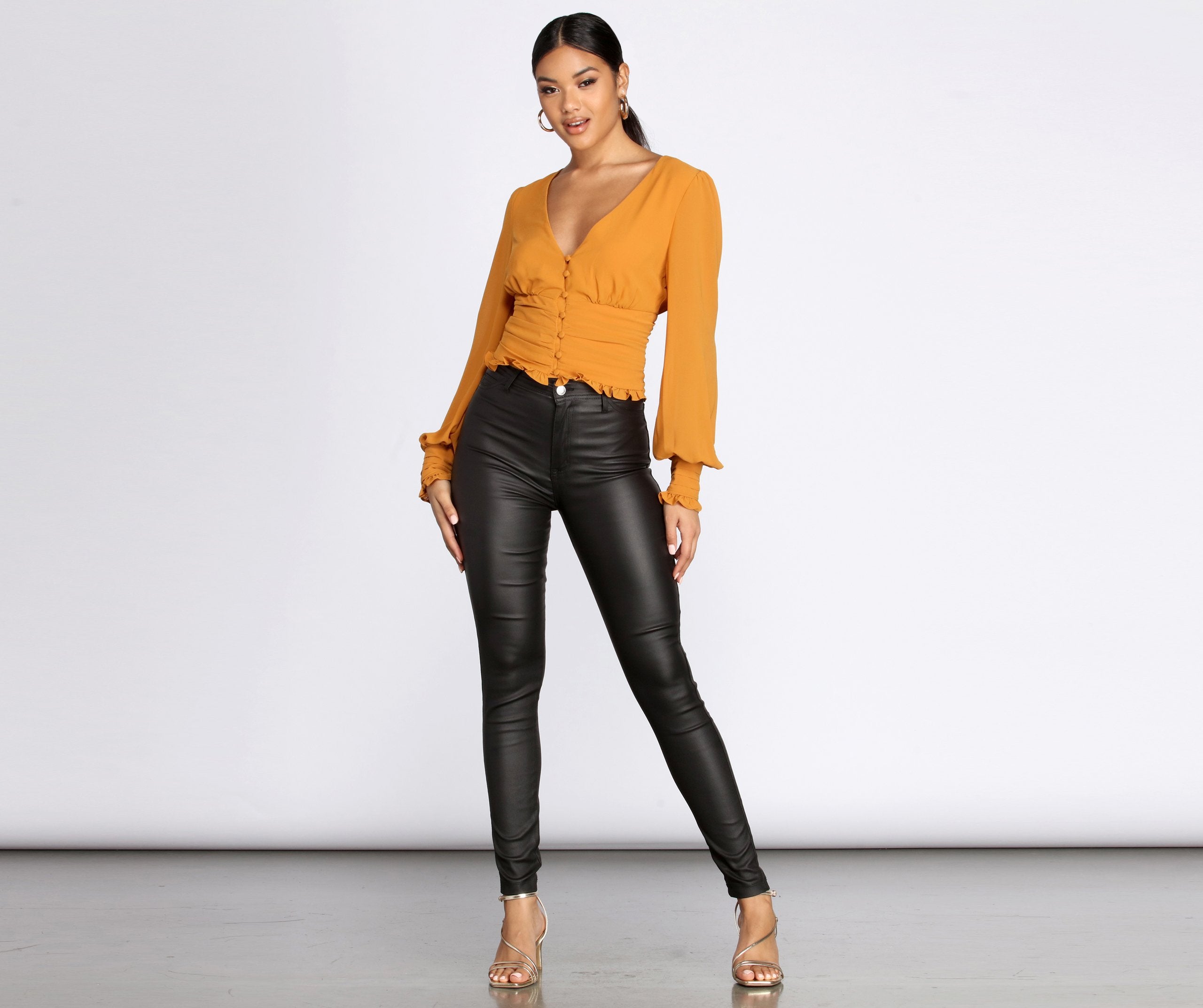 Chiffon Ruched Waist Cropped Blouse - Lady Occasions