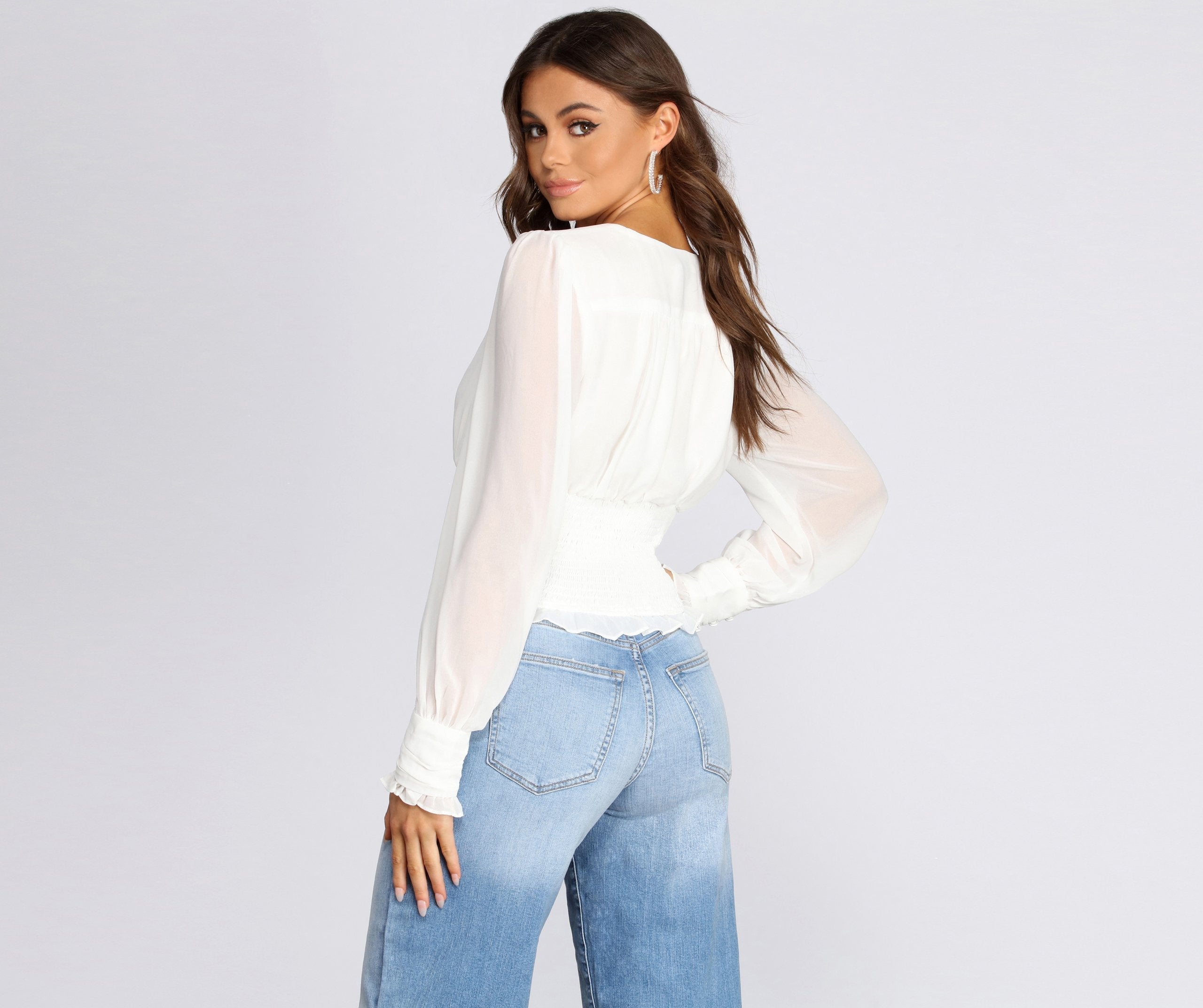 Chiffon Ruched Waist Cropped Blouse - Lady Occasions