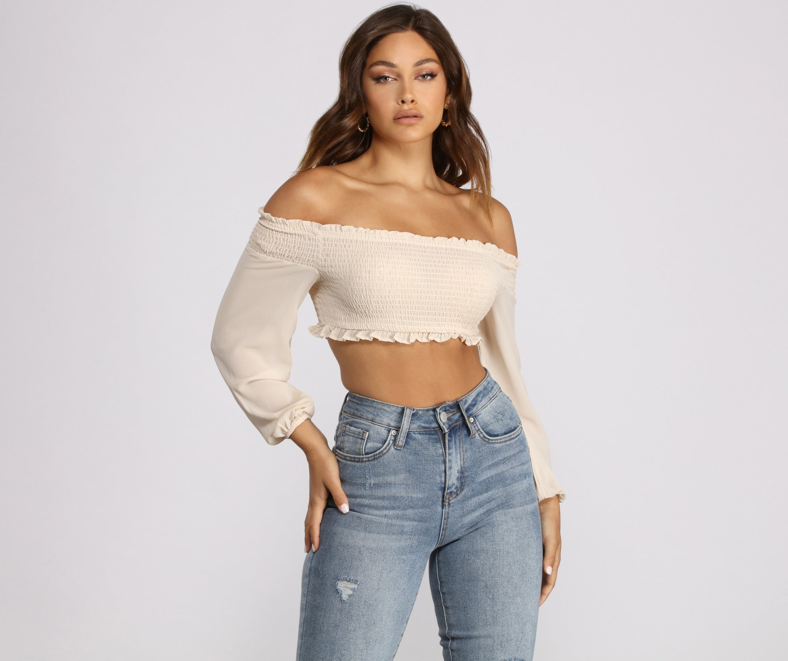 Frilled and Flirty Off The Shoulder Smocked Crop Top - Lady Occasions