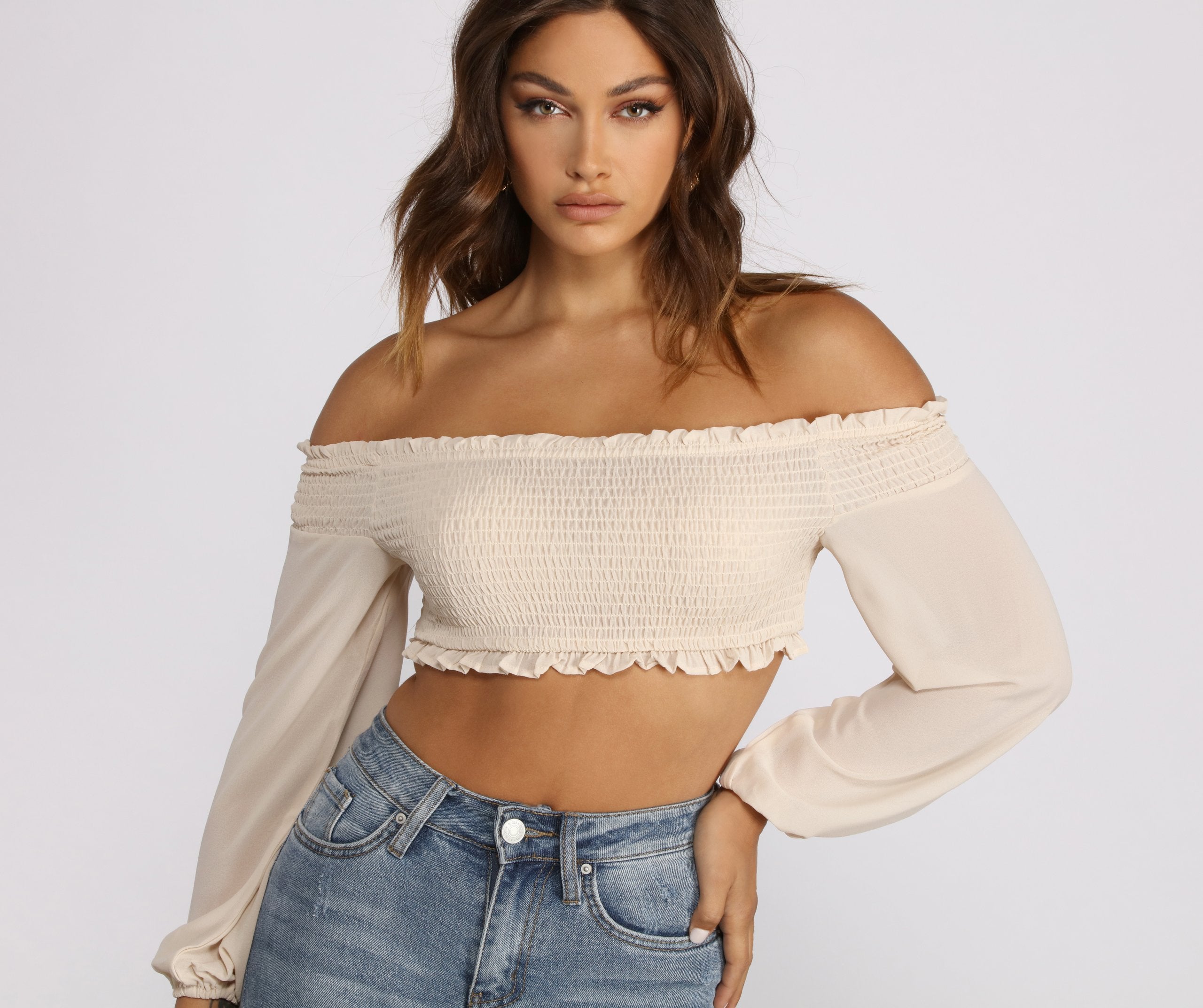 Frilled and Flirty Off The Shoulder Smocked Crop Top - Lady Occasions