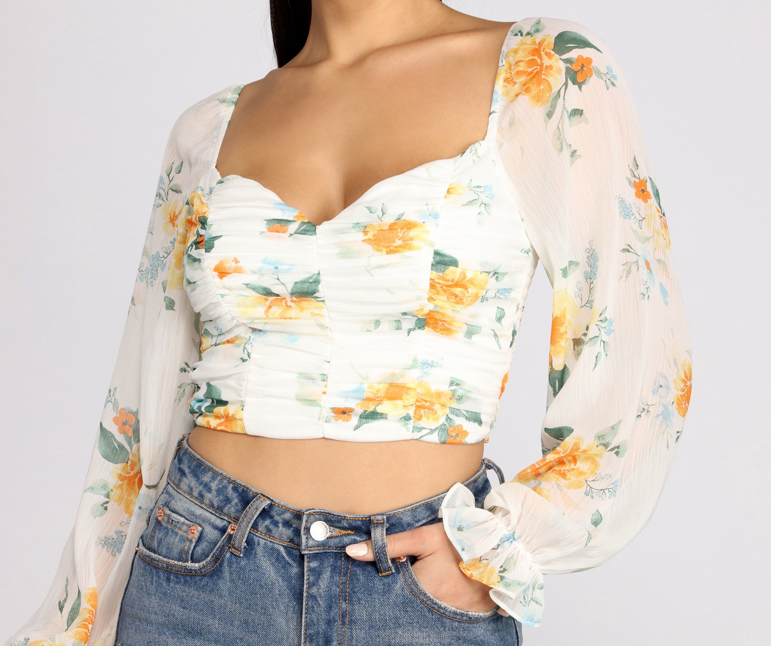 Floral Sweetheart Ruched Crop Top - Lady Occasions