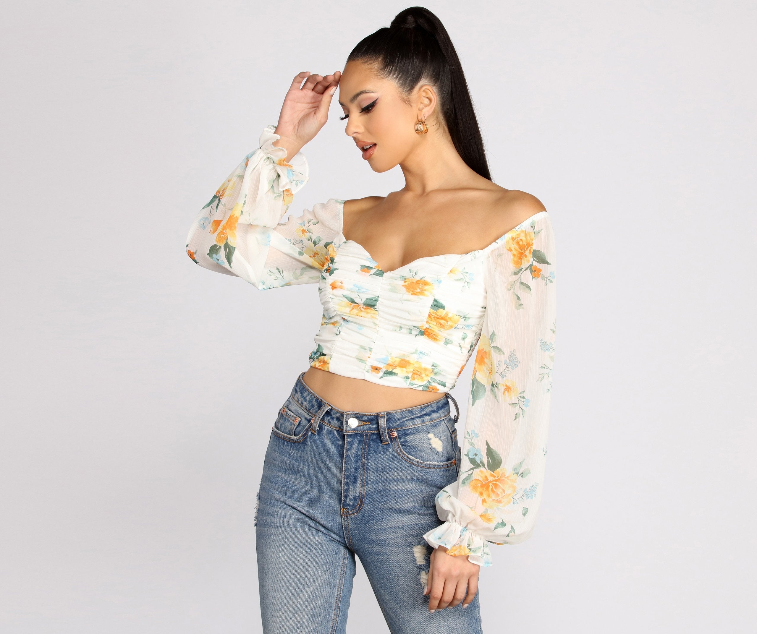 Floral Sweetheart Ruched Crop Top - Lady Occasions