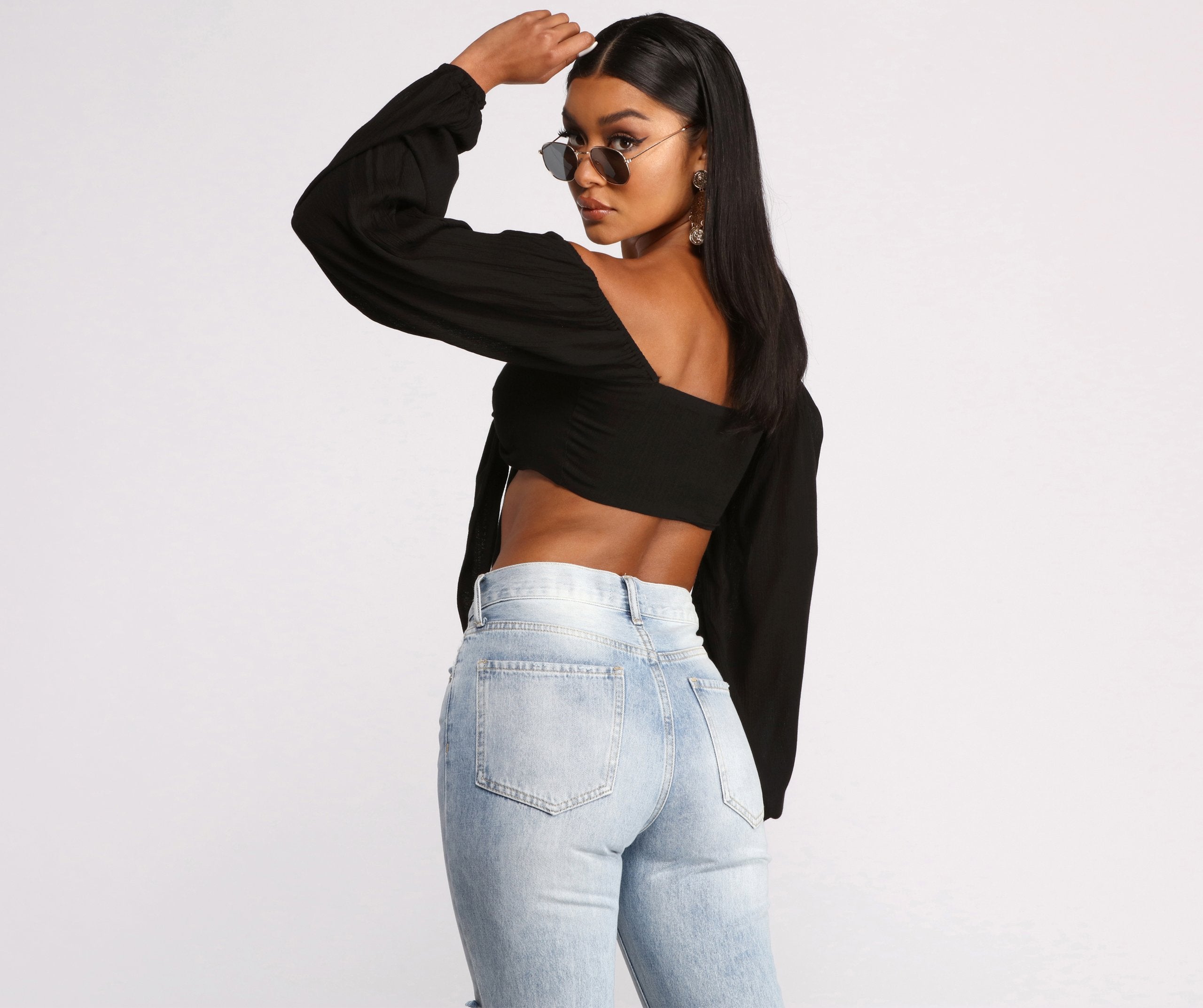 Long Sleeve Gauze Tie Front Crop Top - Lady Occasions