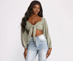 Long Sleeve Gauze Tie Front Crop Top - Lady Occasions