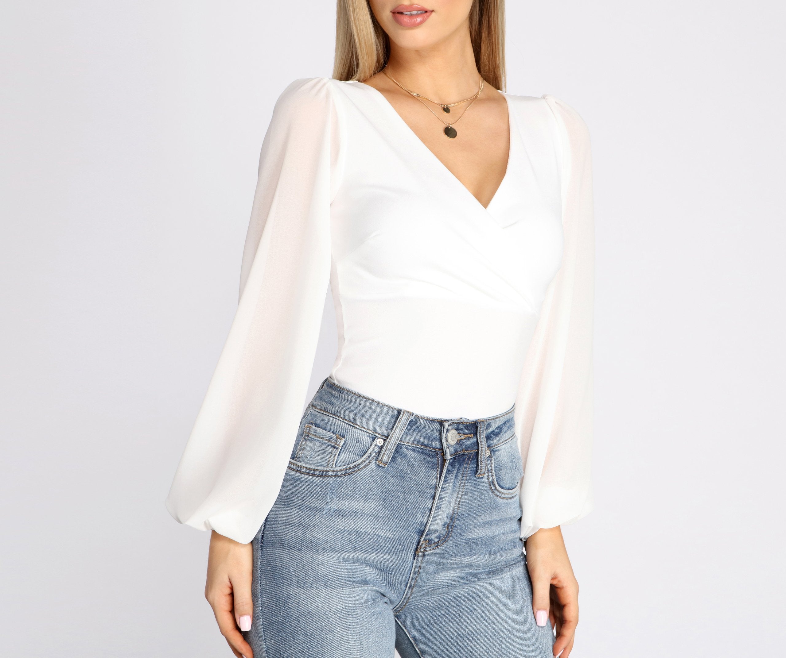 Classic Chiffon Sleeve Wrap Front Blouse - Lady Occasions