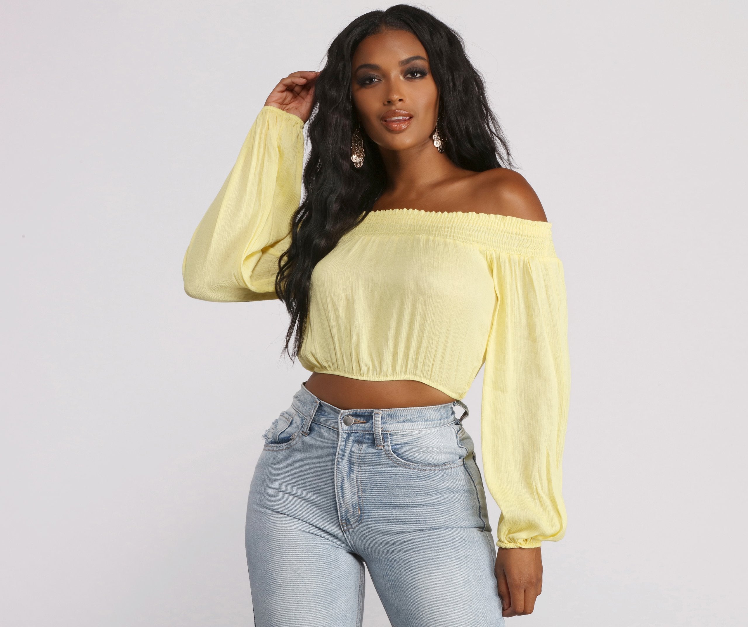 Off The Shoulder Long Sleeve Gauze Crop Top - Lady Occasions