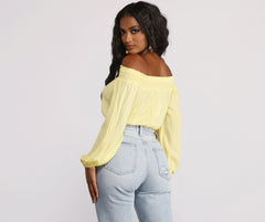 Off The Shoulder Long Sleeve Gauze Crop Top - Lady Occasions