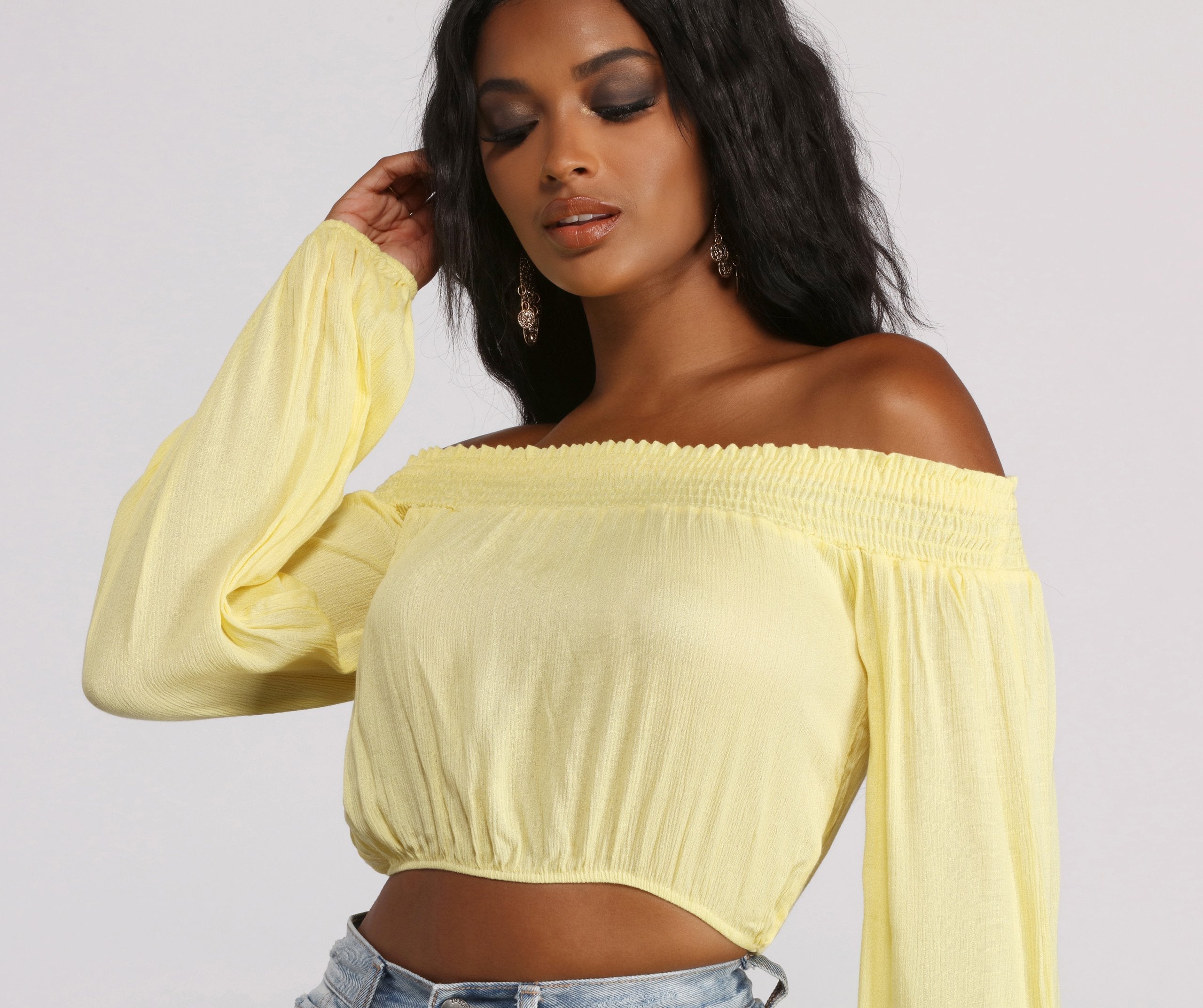 Off The Shoulder Long Sleeve Gauze Crop Top - Lady Occasions