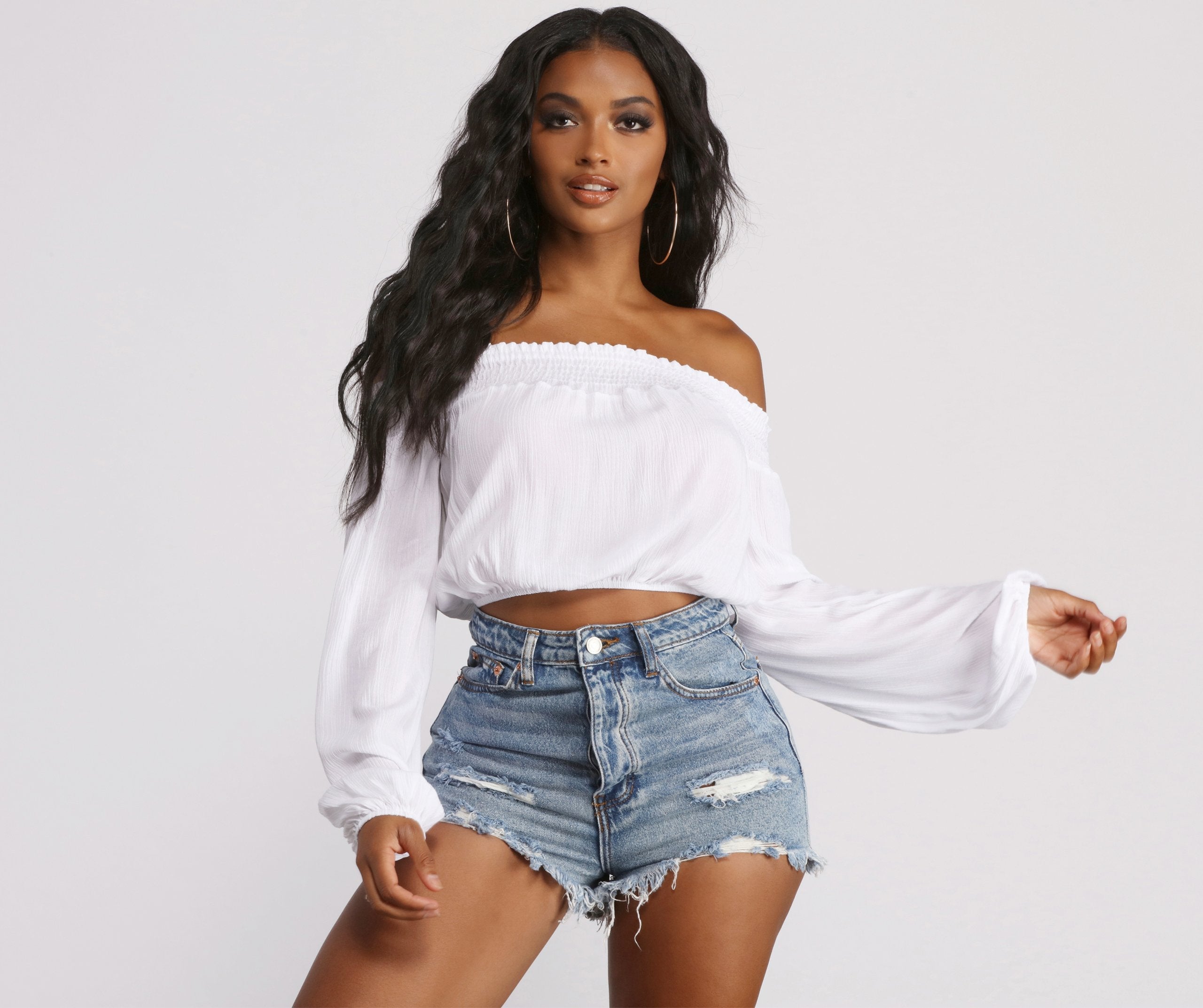 Off The Shoulder Long Sleeve Gauze Crop Top - Lady Occasions