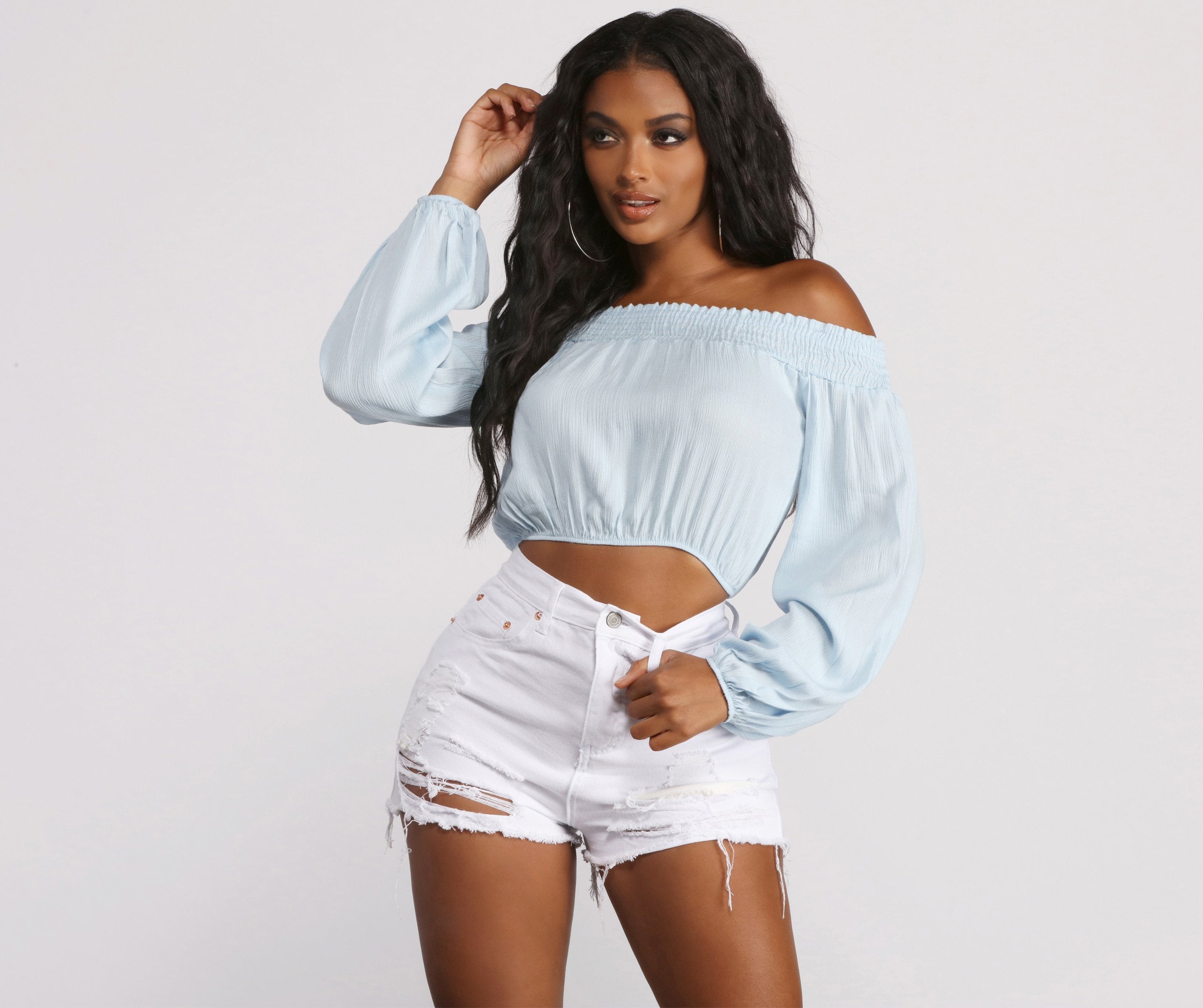 Off The Shoulder Long Sleeve Gauze Crop Top - Lady Occasions