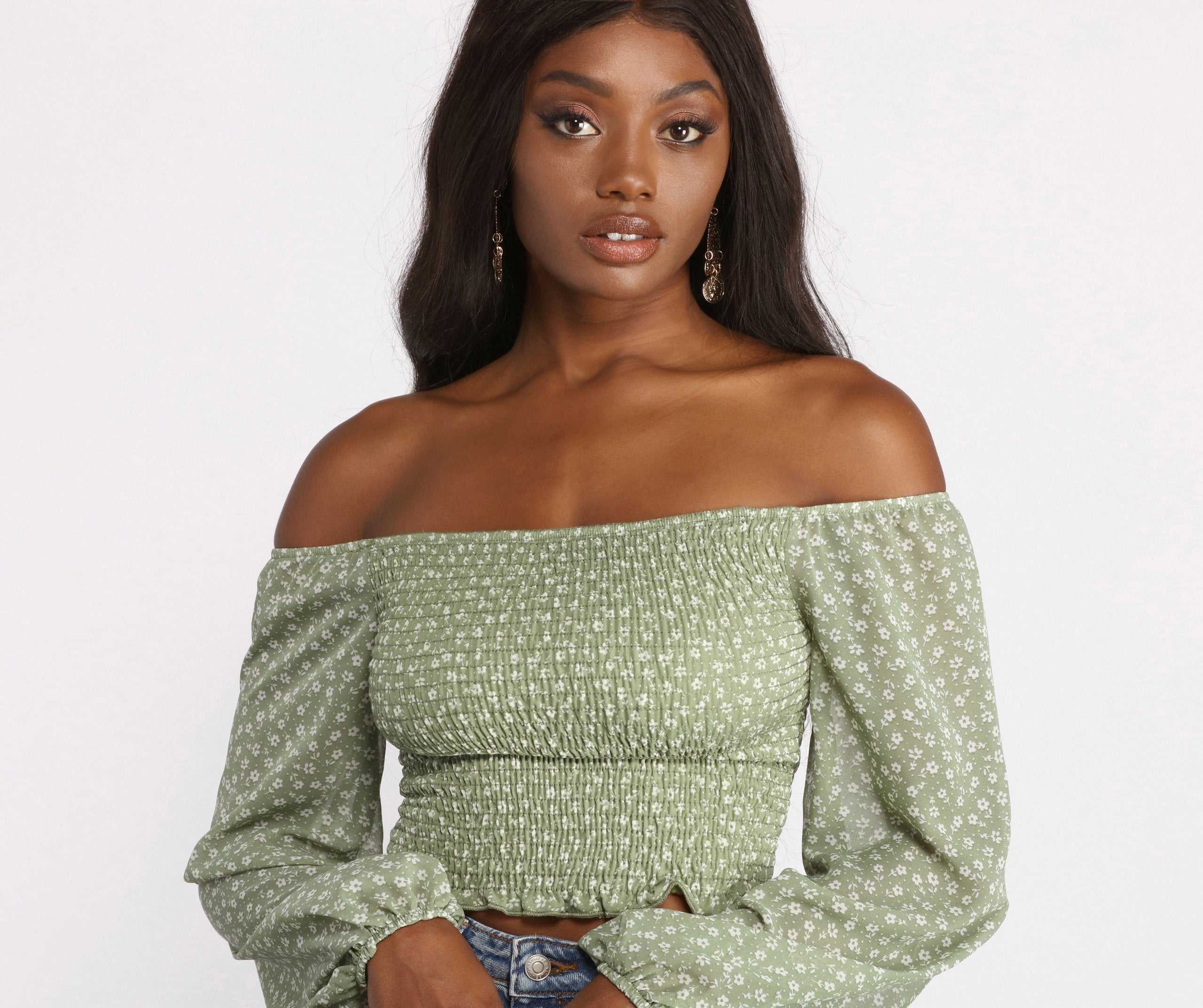 Off The Shoulder Chiffon and Smocked Ditsy Print Top - Lady Occasions