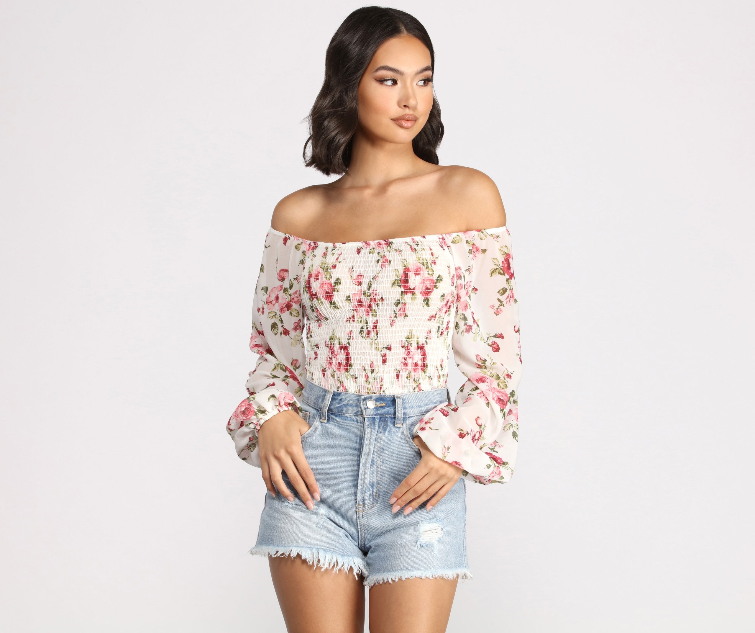 Off The Shoulder Floral Smocked Top - Lady Occasions