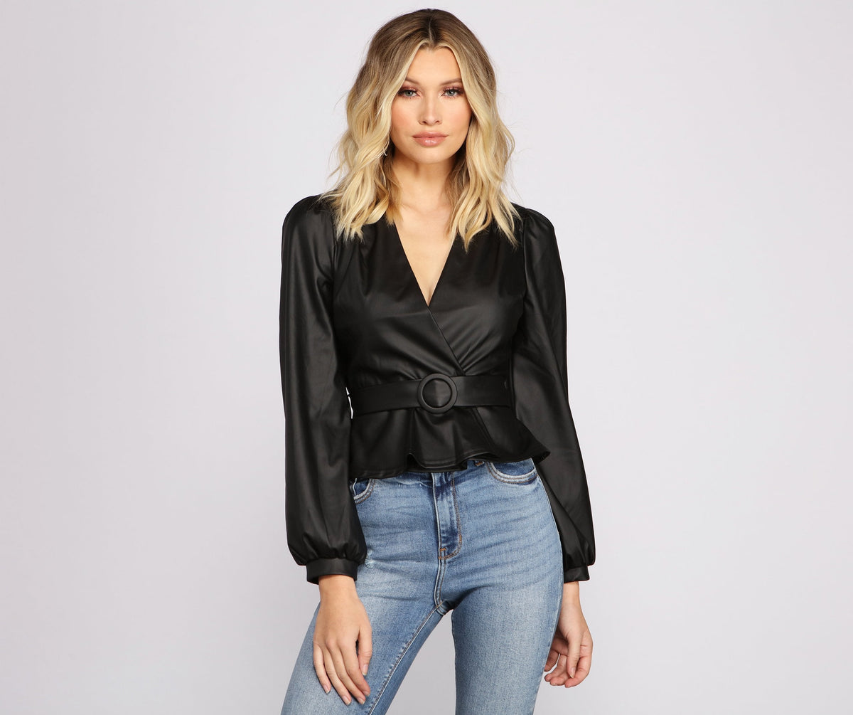 Bold and Belted Faux Leather Top - Lady Occasions