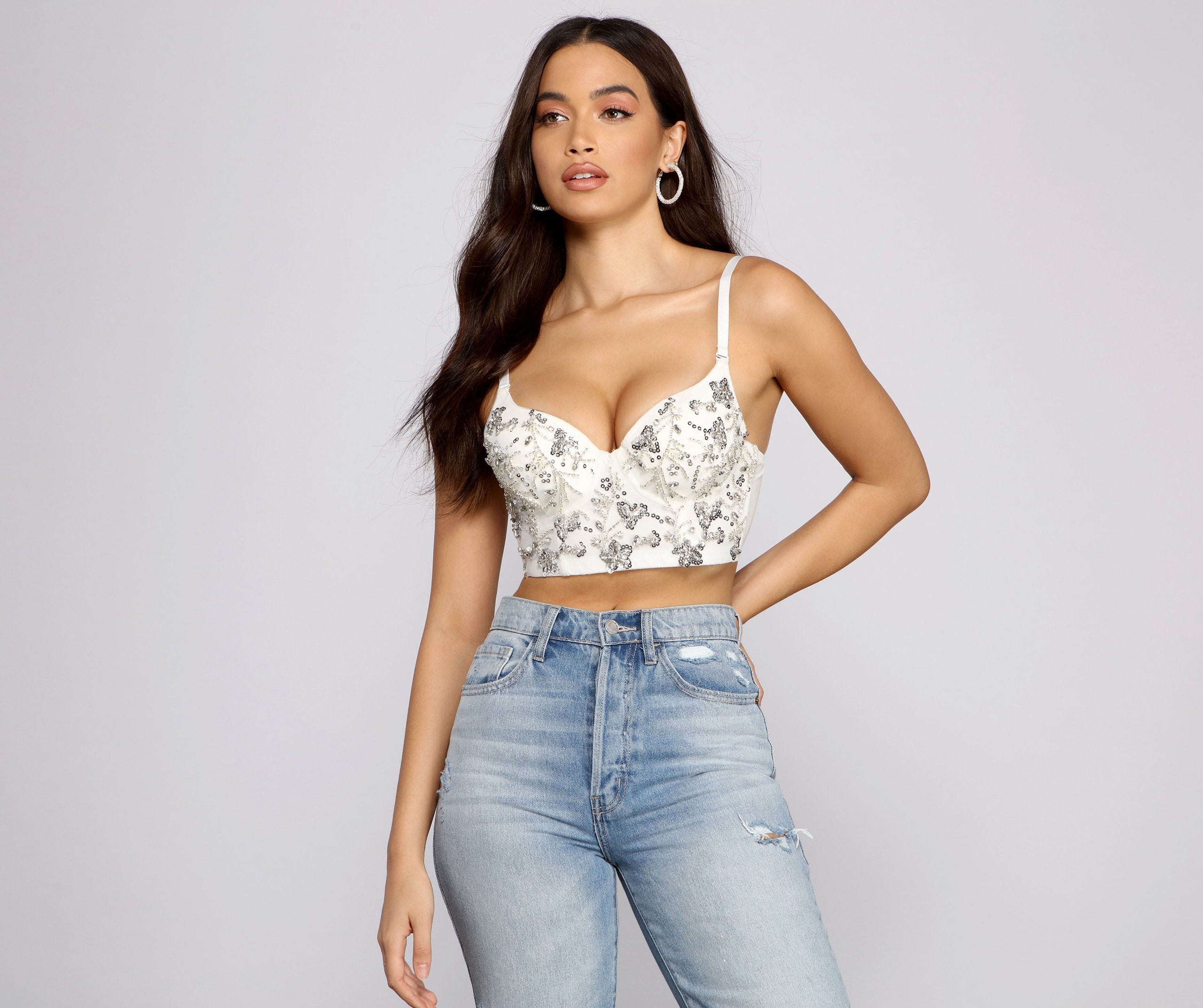 Glamorous Floral Sequin Cropped Bustier - Lady Occasions