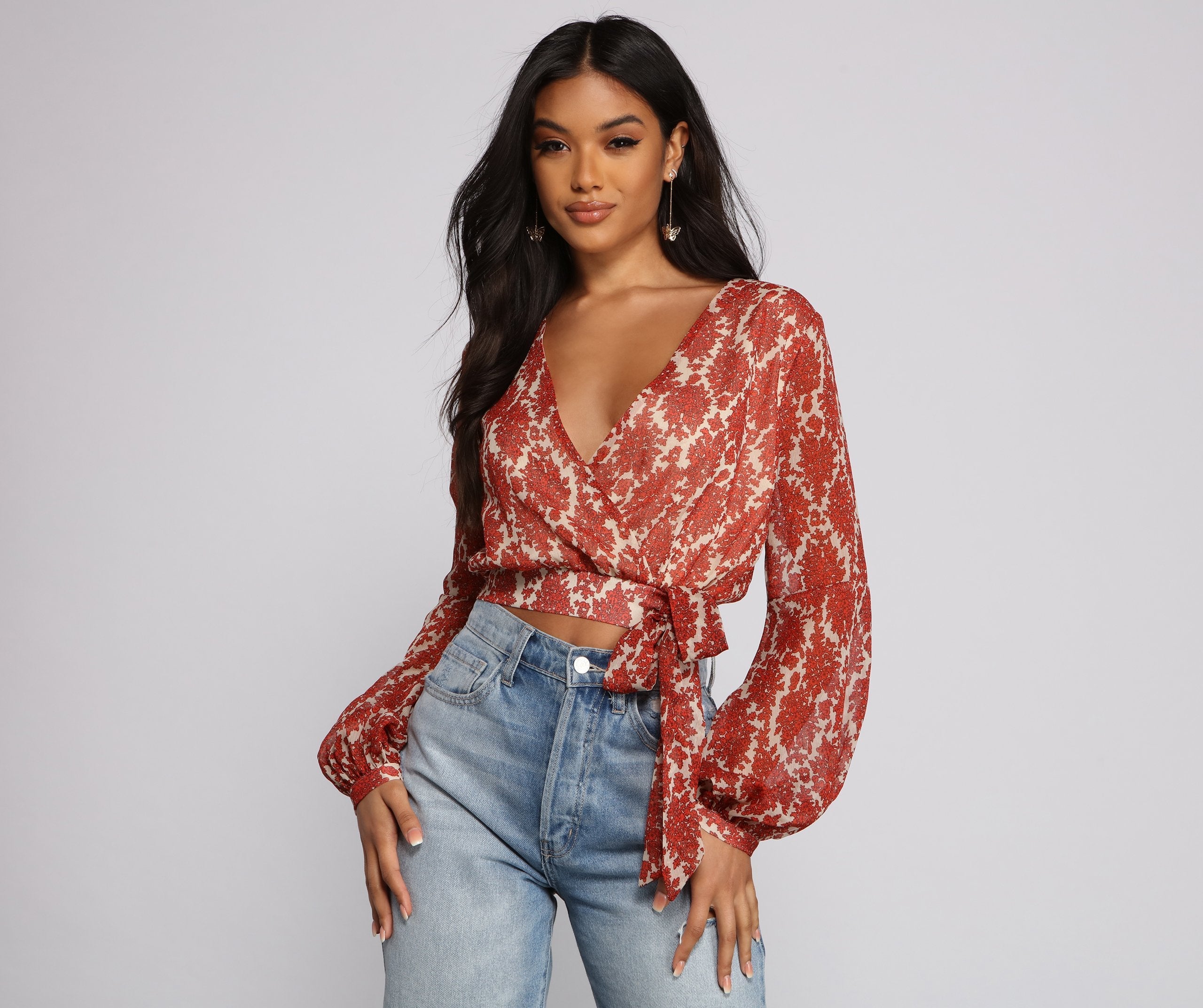 Fall Floral Wrap Front Crop Top - Lady Occasions