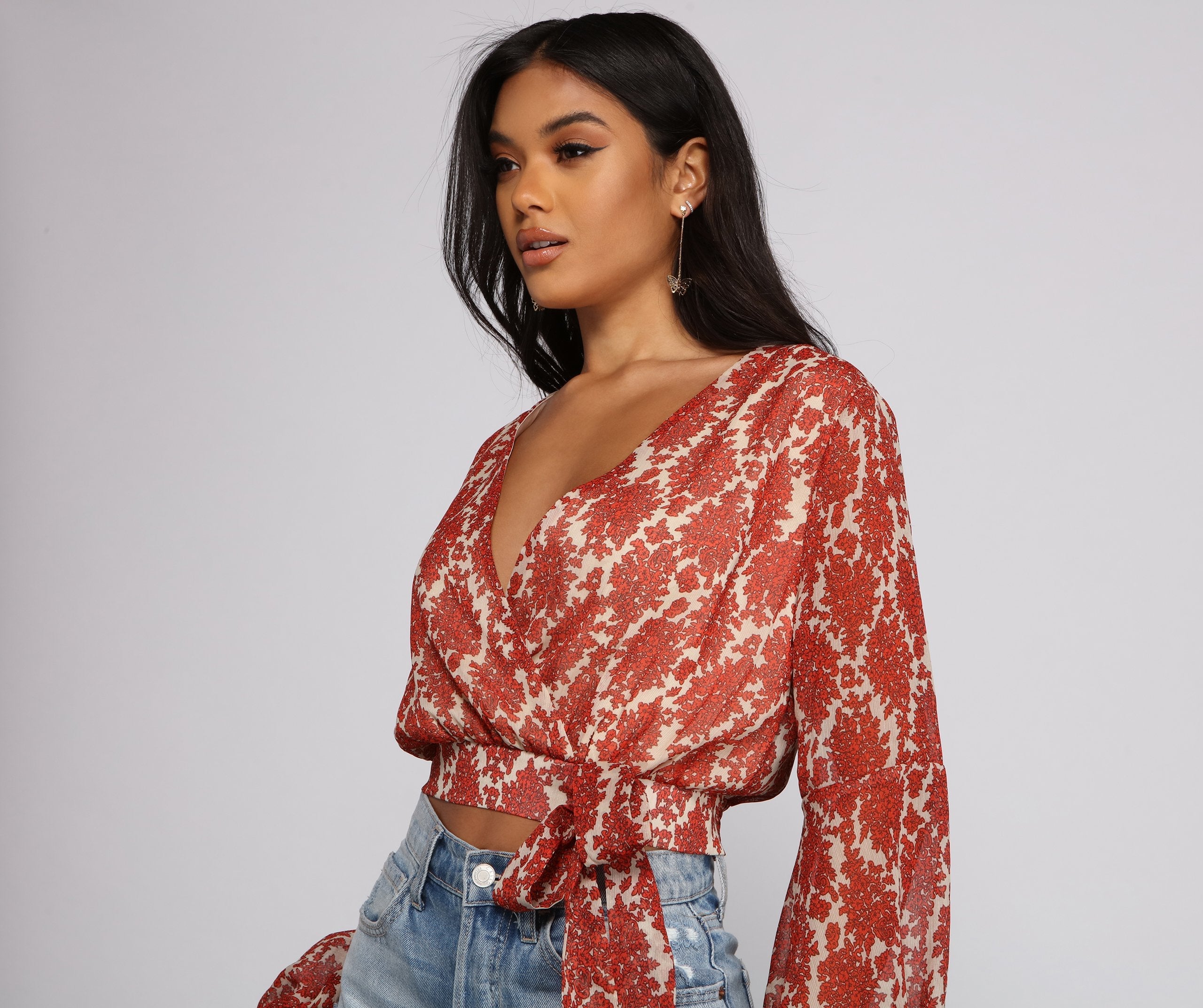 Fall Floral Wrap Front Crop Top - Lady Occasions