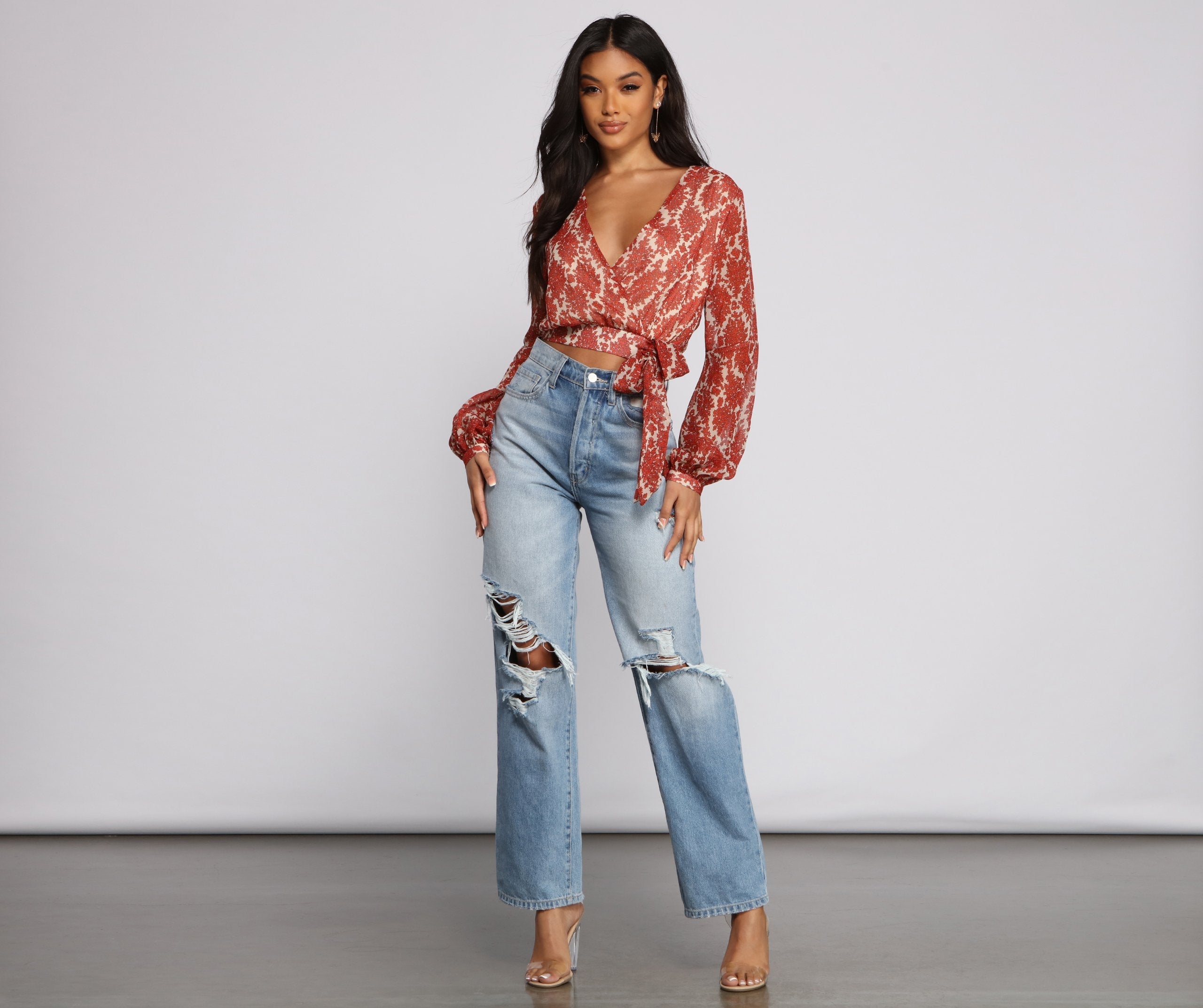 Fall Floral Wrap Front Crop Top - Lady Occasions