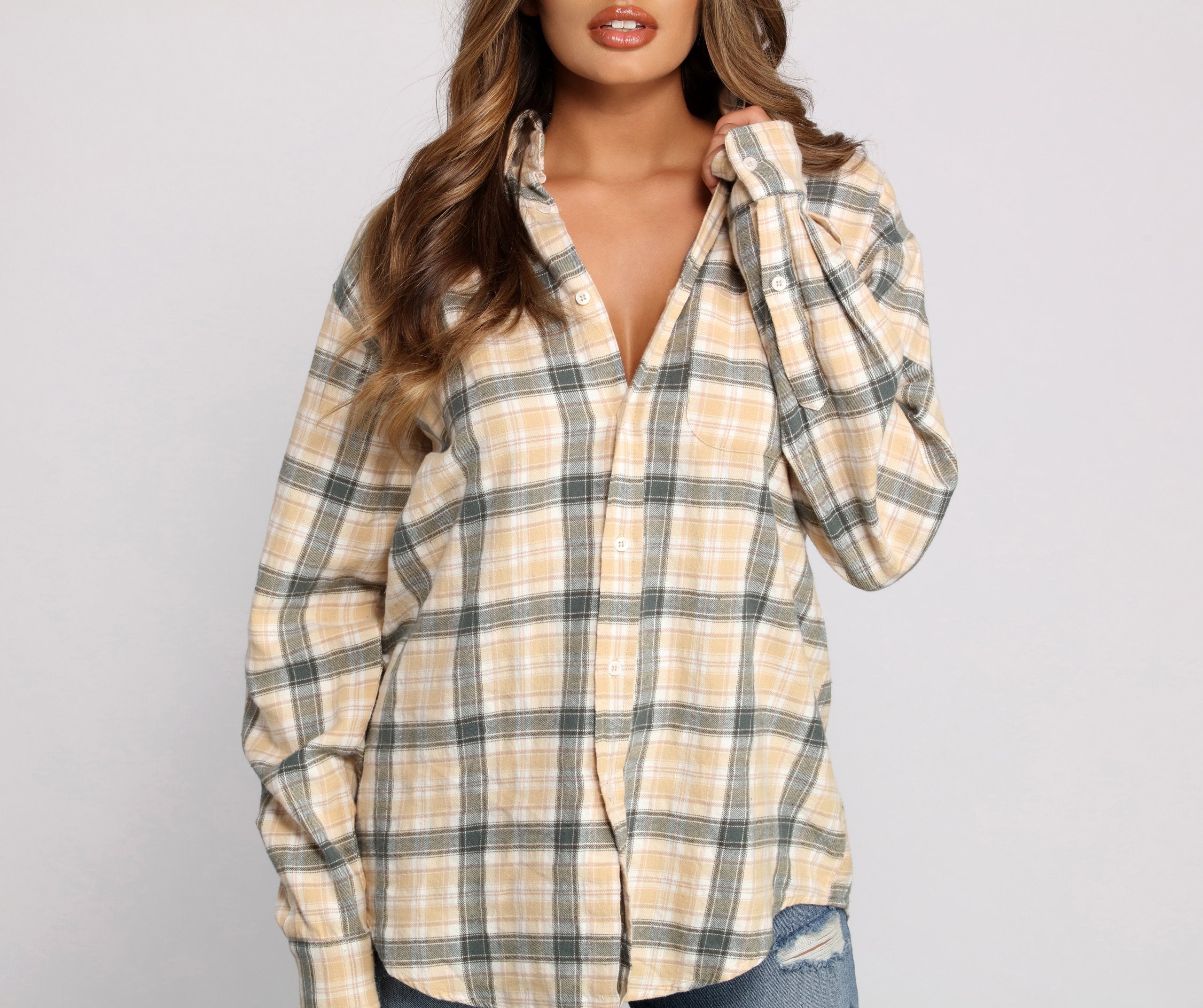 Effortlessly Edgy Mood Button-Up Flannel Tunic - Lady Occasions