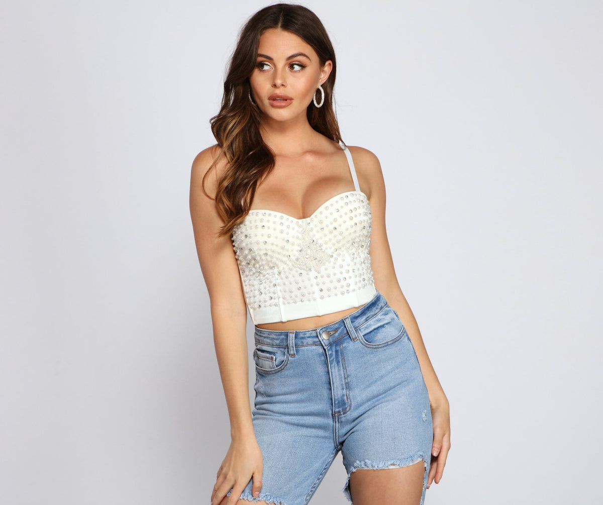 Pearl Embellished Cropped Bustier - Lady Occasions
