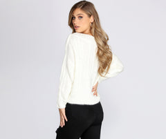 Wide Neck Cable Knit Sweater - Lady Occasions