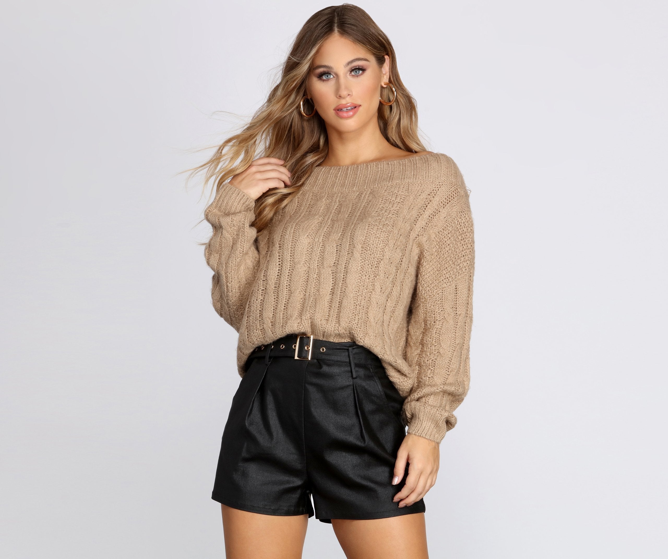 Wide Neck Cable Knit Sweater - Lady Occasions