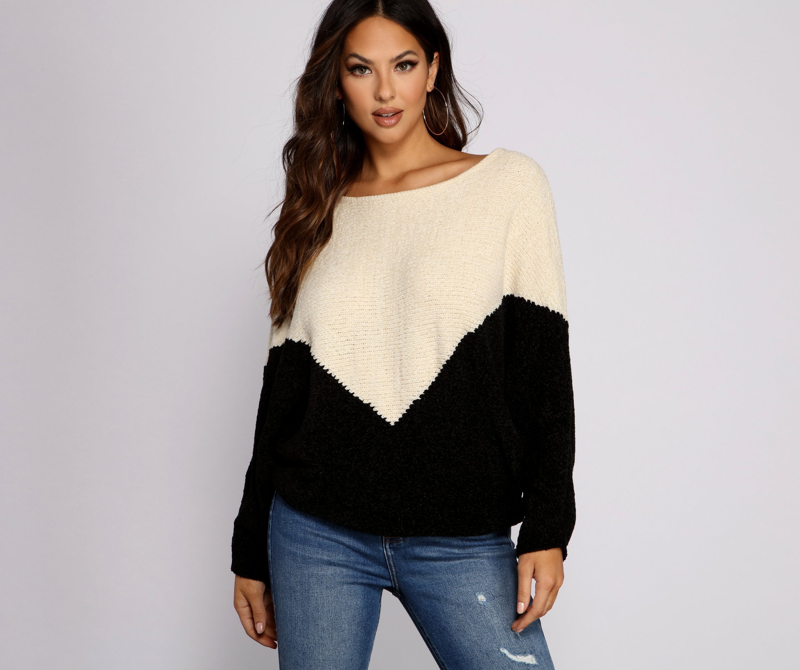 Two Tone Chenille Boat Neck Sweater - Lady Occasions