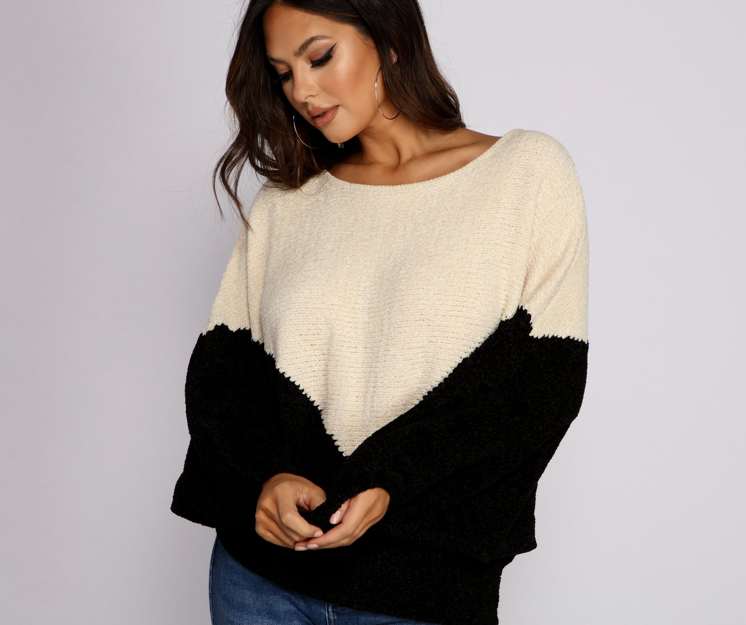 Two Tone Chenille Boat Neck Sweater - Lady Occasions