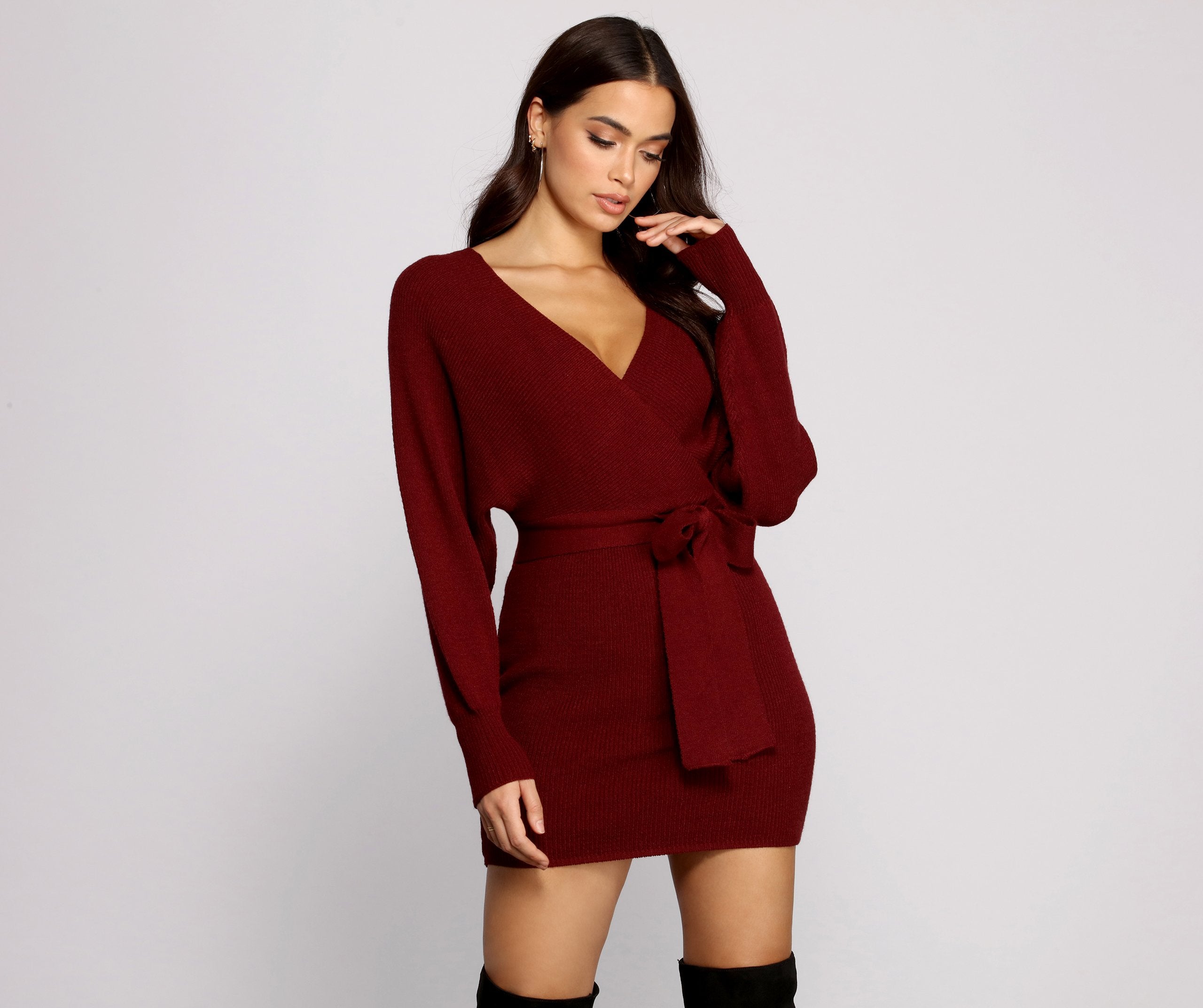 Tie Front Wrap Mini Sweater Dress - Lady Occasions