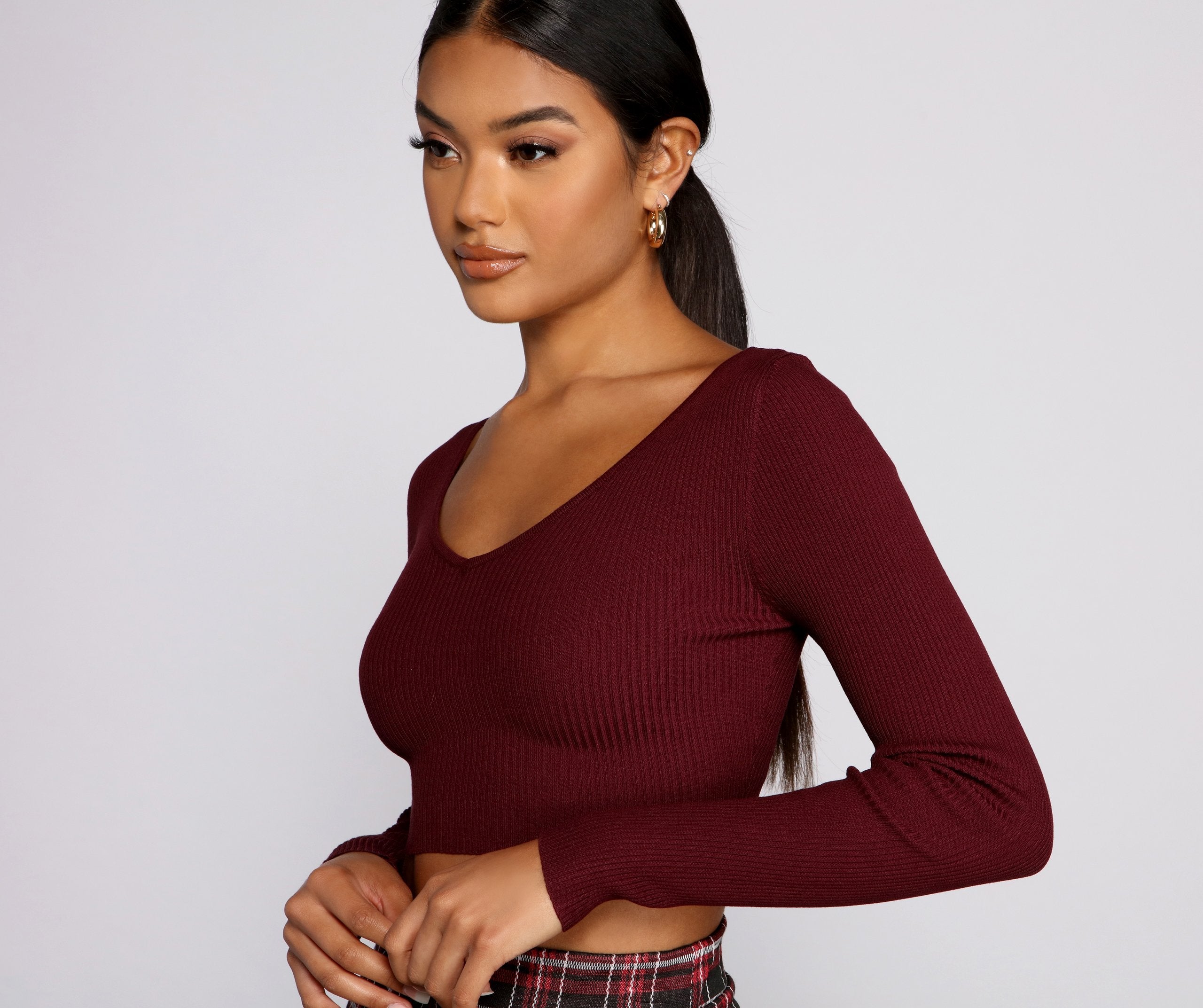 Ribbed Knit Long Sleeve Cropped Sweater - Lady Occasions