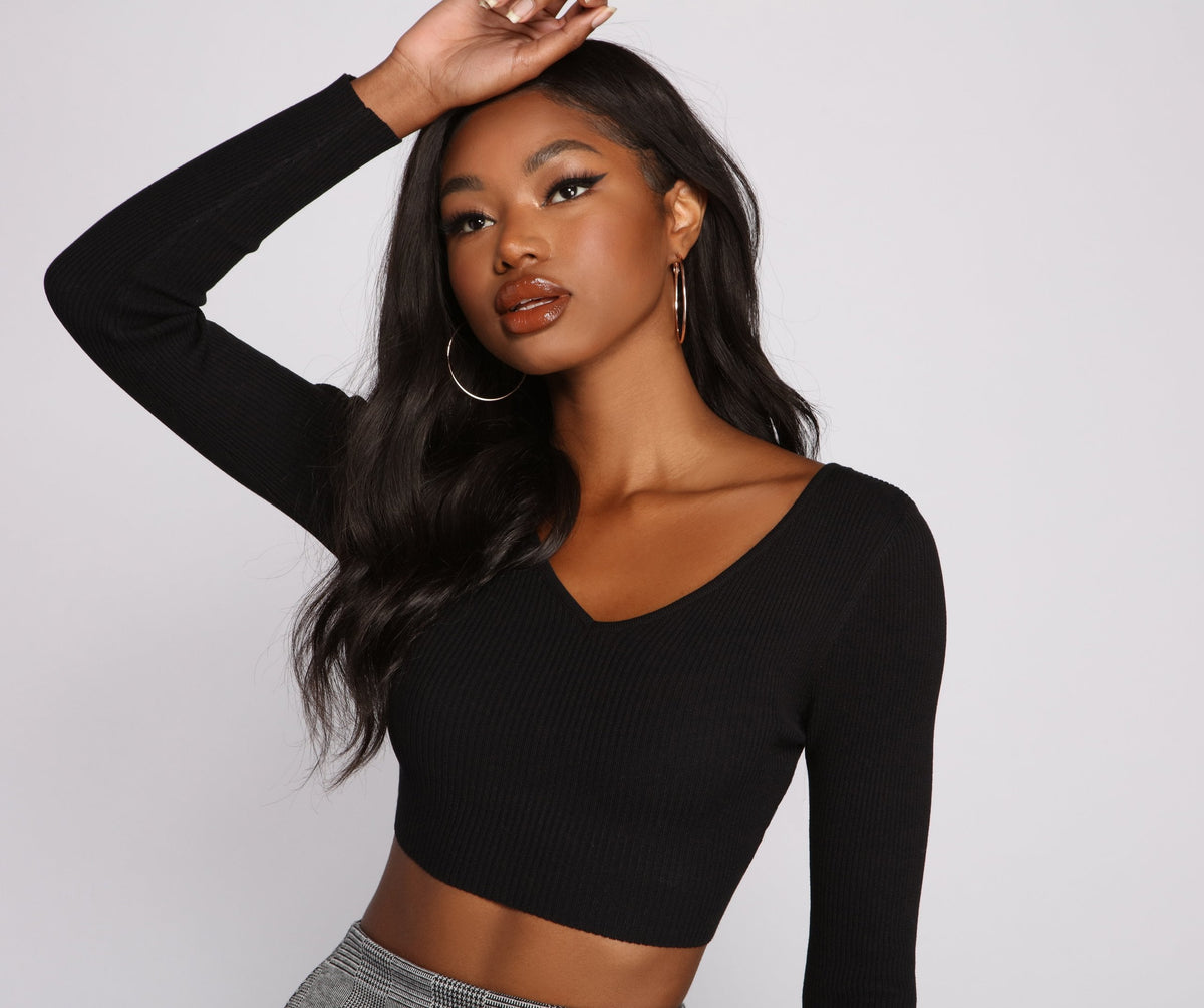 Ribbed Knit Long Sleeve Cropped Sweater - Lady Occasions