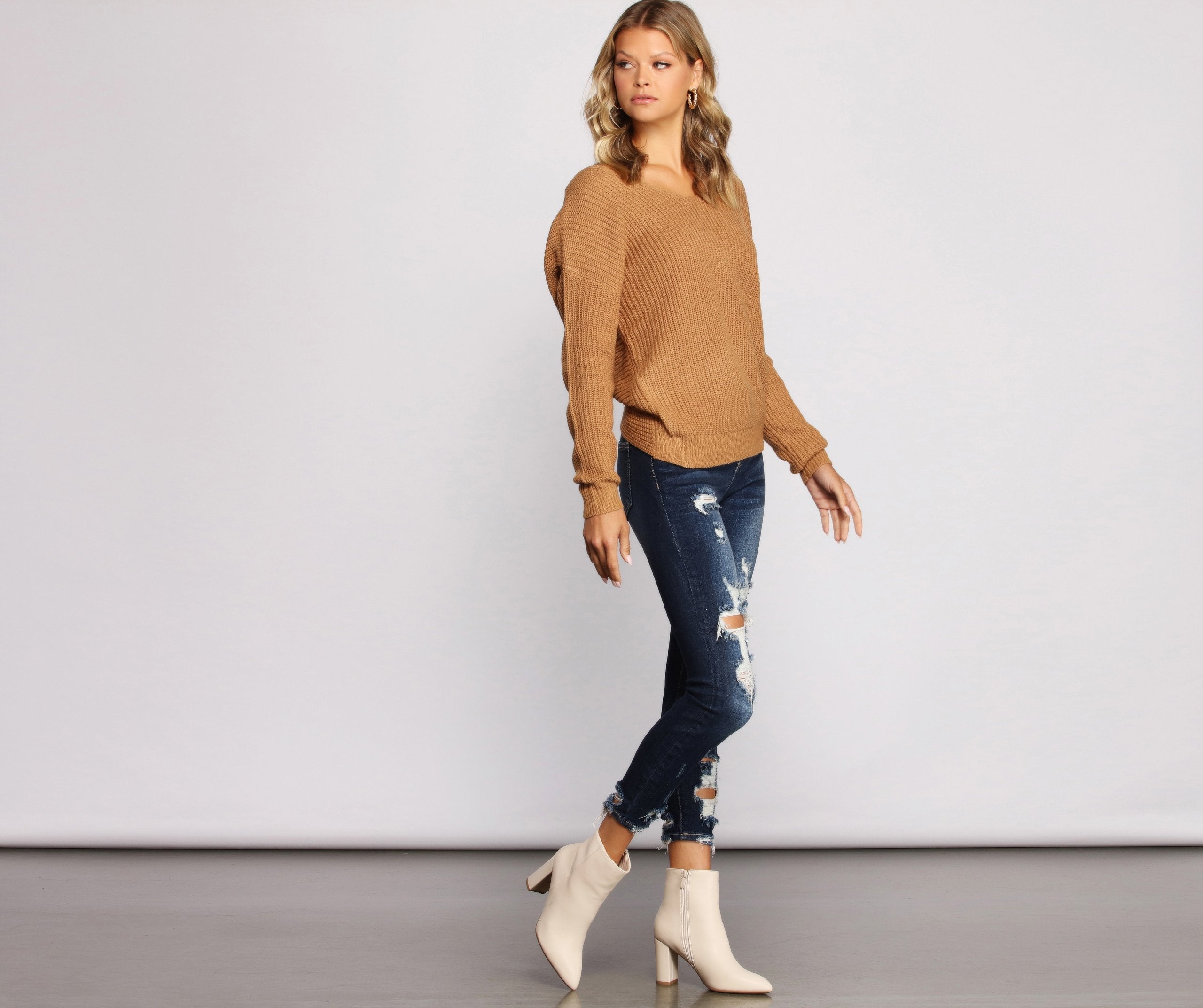 Trendy Knot Back V Neck Sweater - Lady Occasions