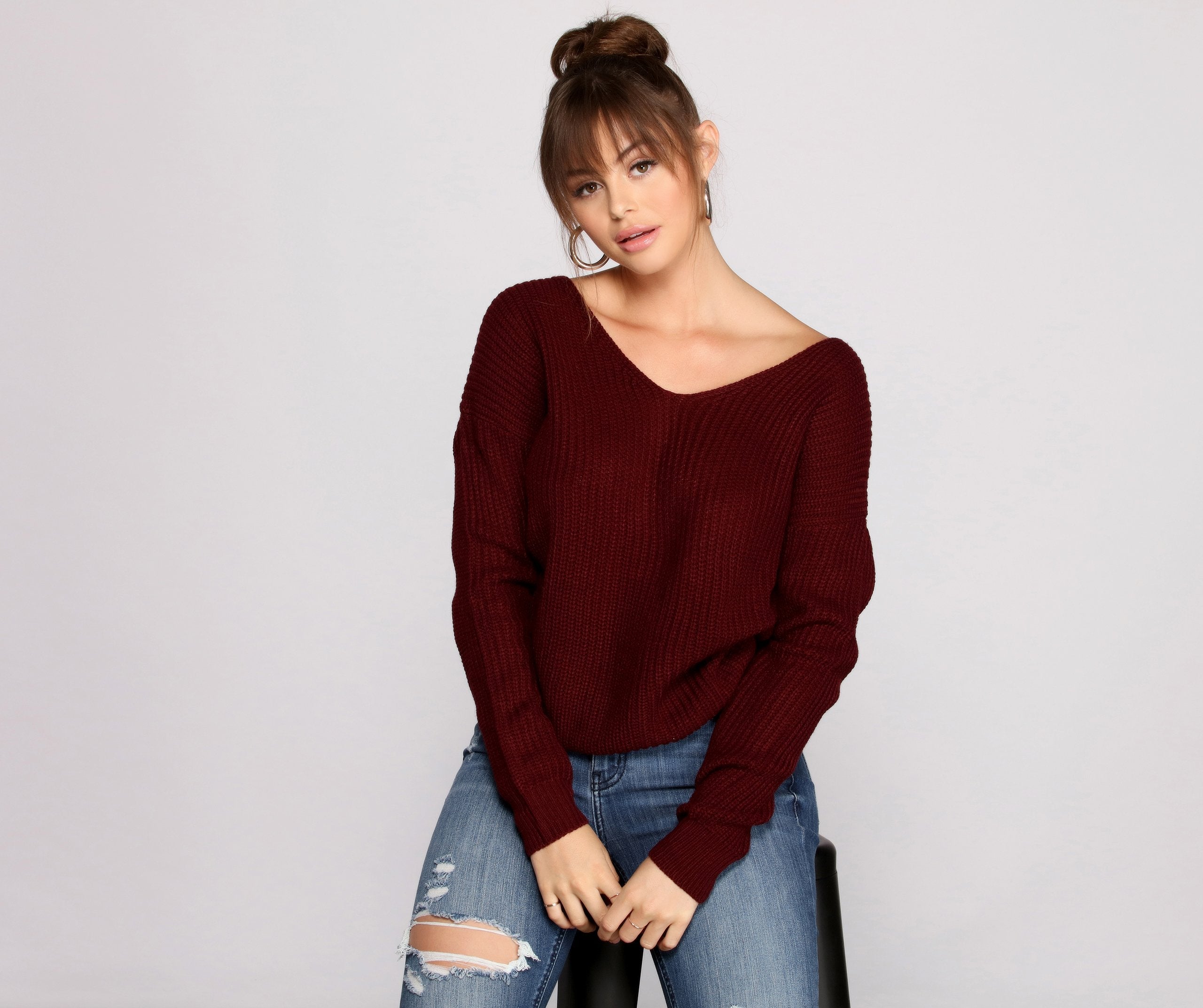 Trendy Knot Back V Neck Sweater - Lady Occasions