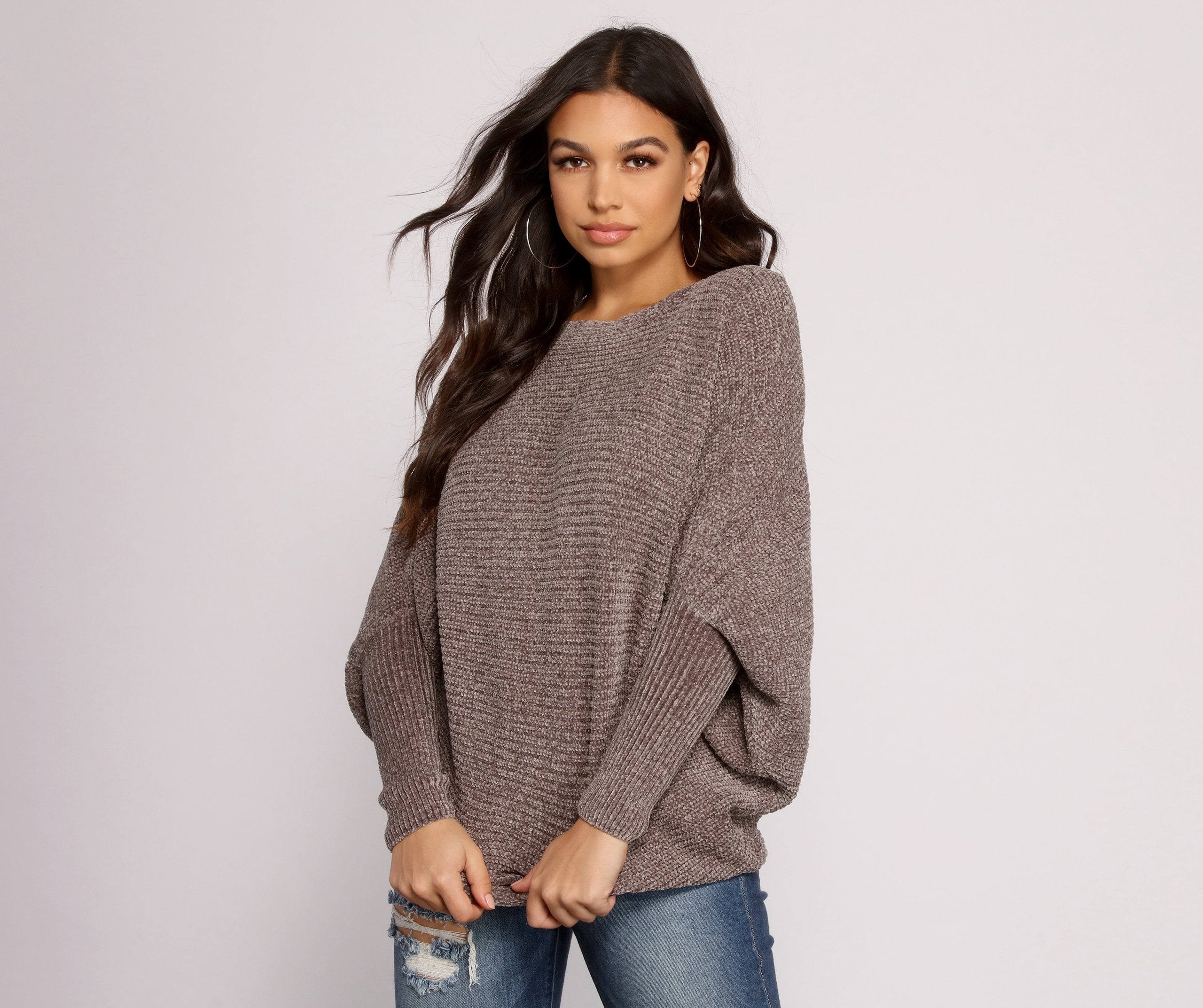 Chenille Knit Dolman Sleeve Sweater - Lady Occasions