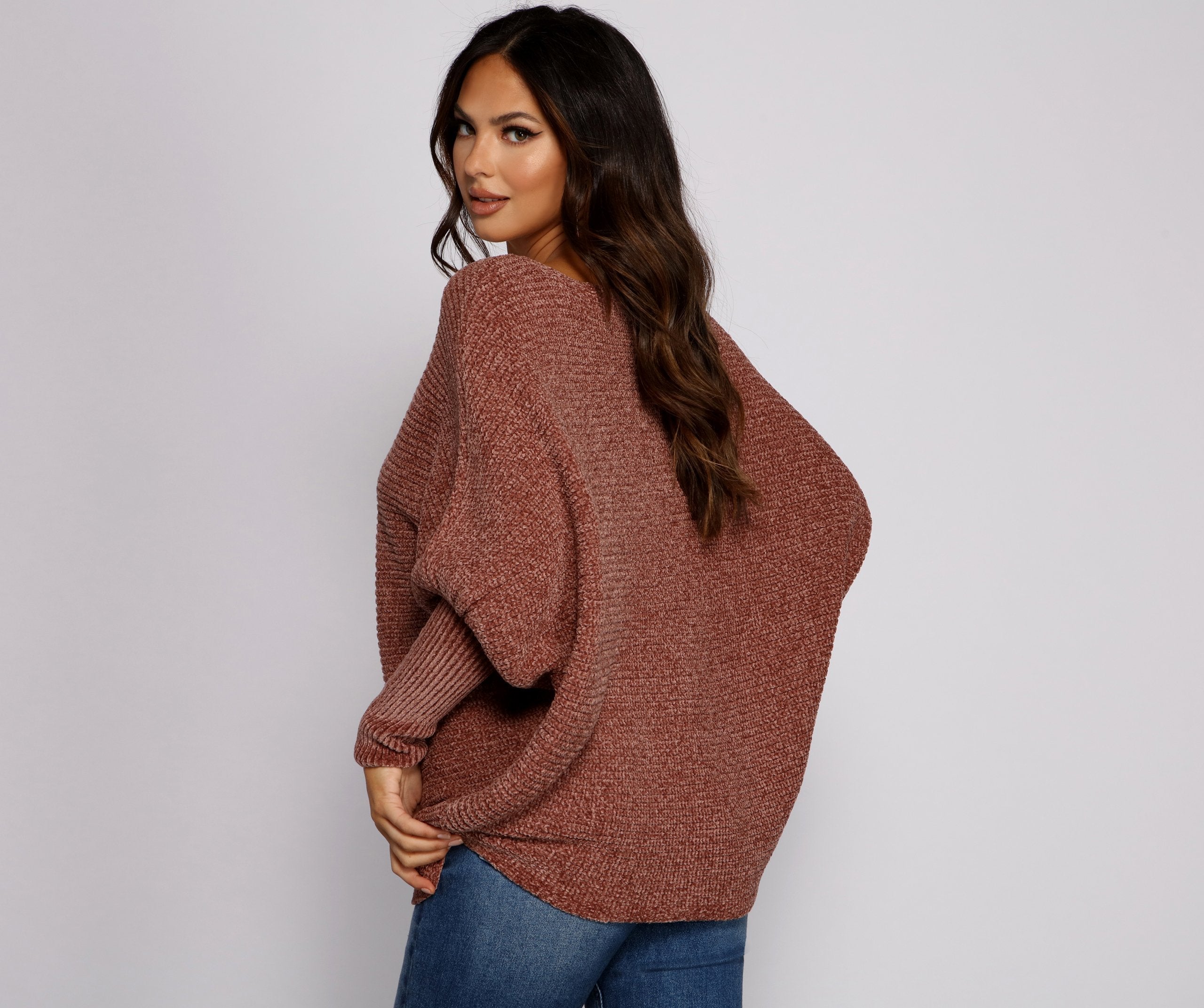 Chenille Knit Dolman Sleeve Sweater - Lady Occasions