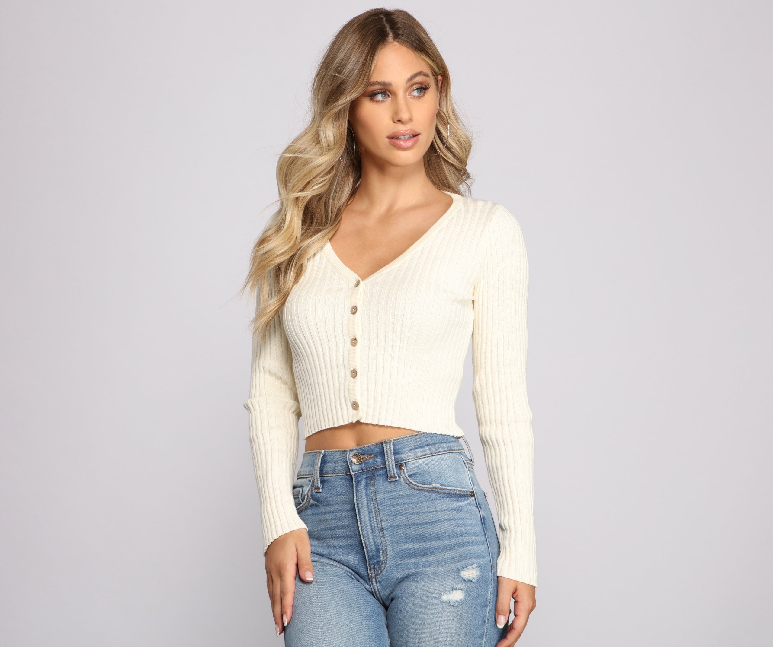 Ribbed Knit Cropped Button-Down Cardigan - Lady Occasions