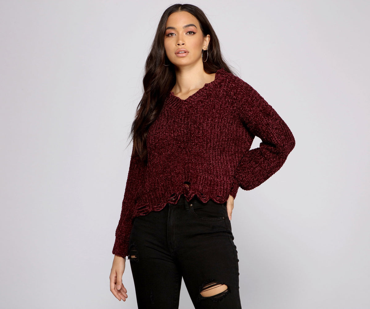 Distressed And Chic Chenille Sweater - Lady Occasions